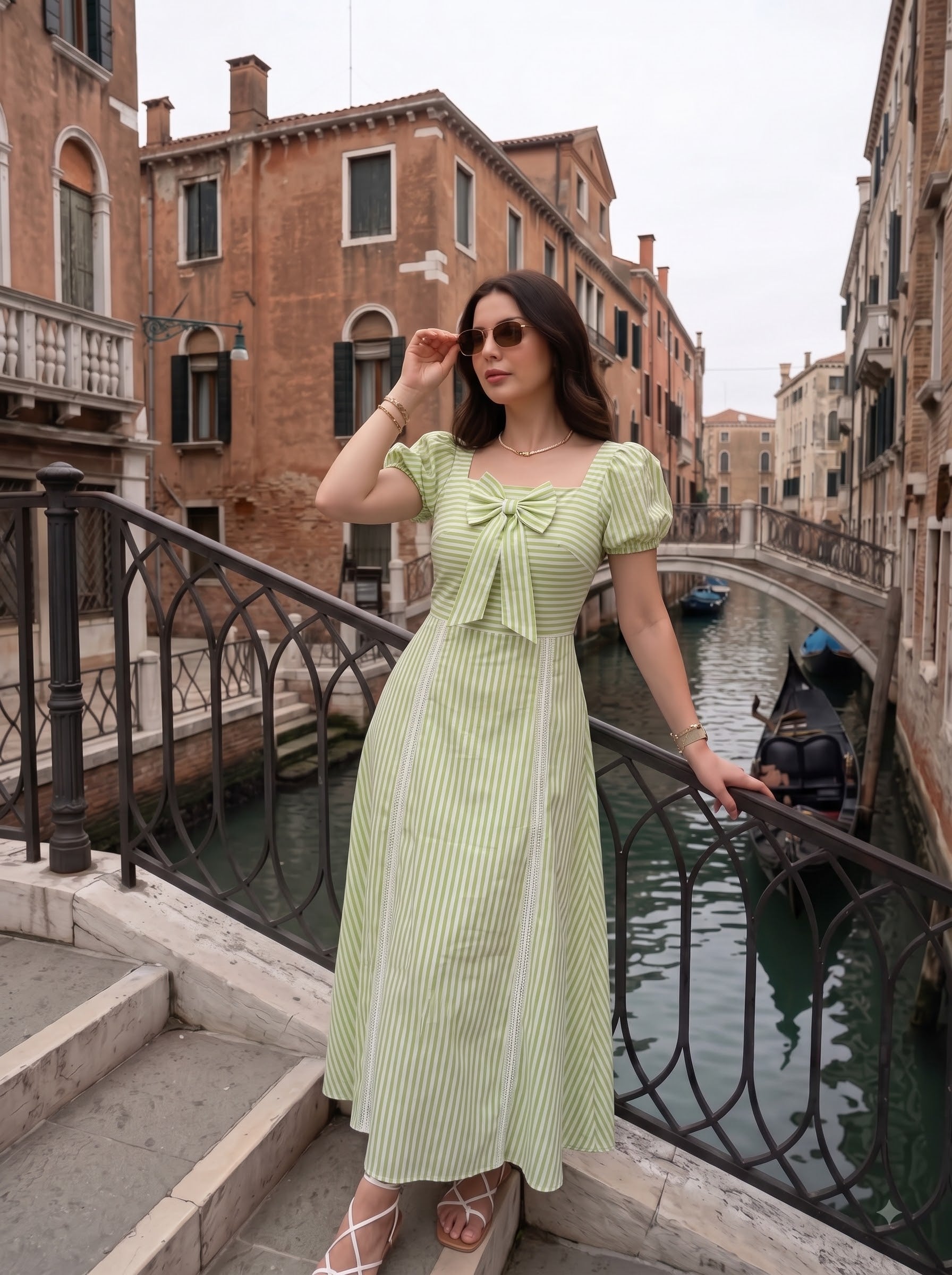 Green Striped Bow Detail Midi Dress