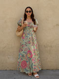 Floral Green Printed Puff Sleeve Maxi Dress
