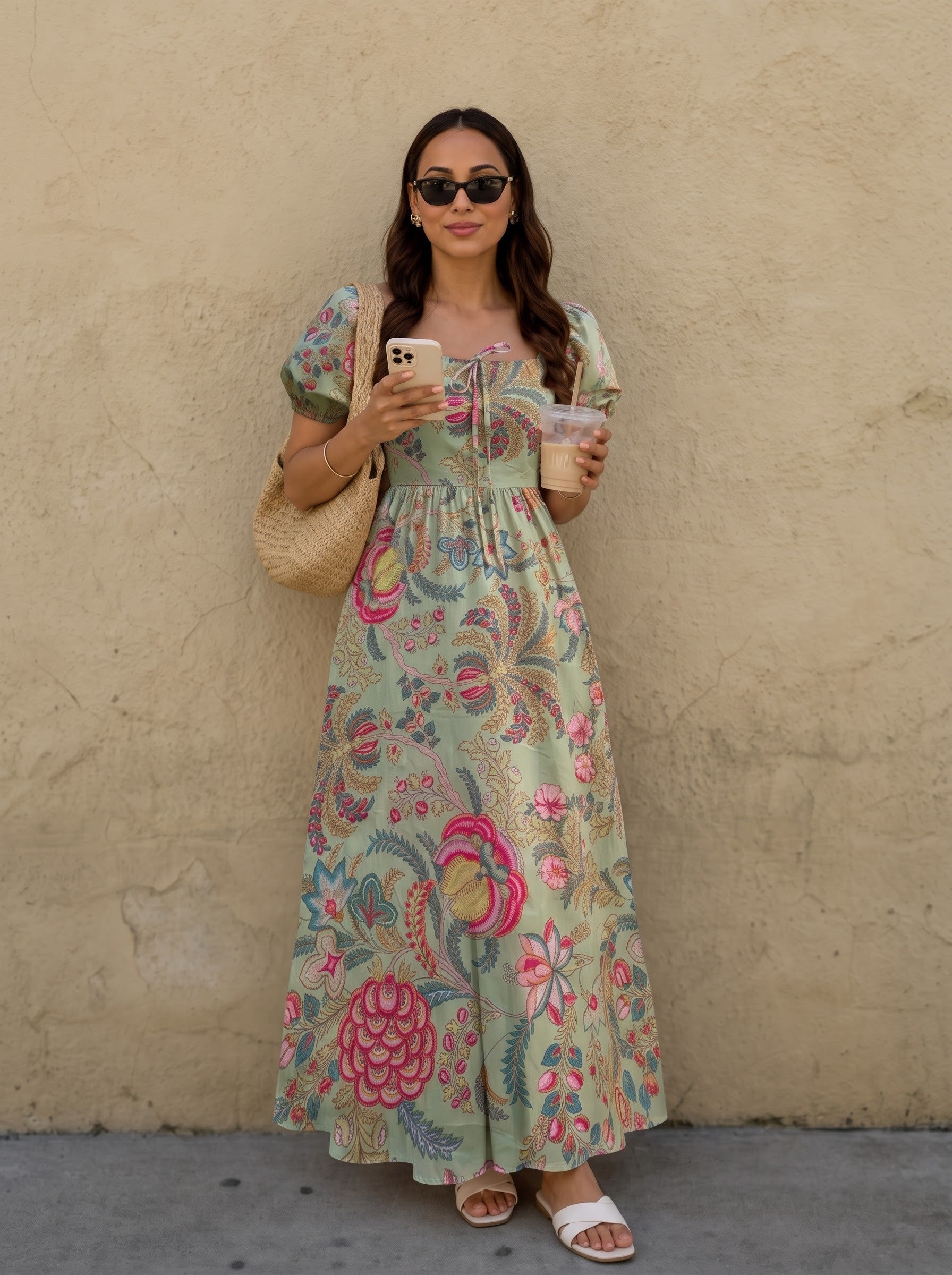 Floral Green Printed Puff Sleeve Maxi Dress