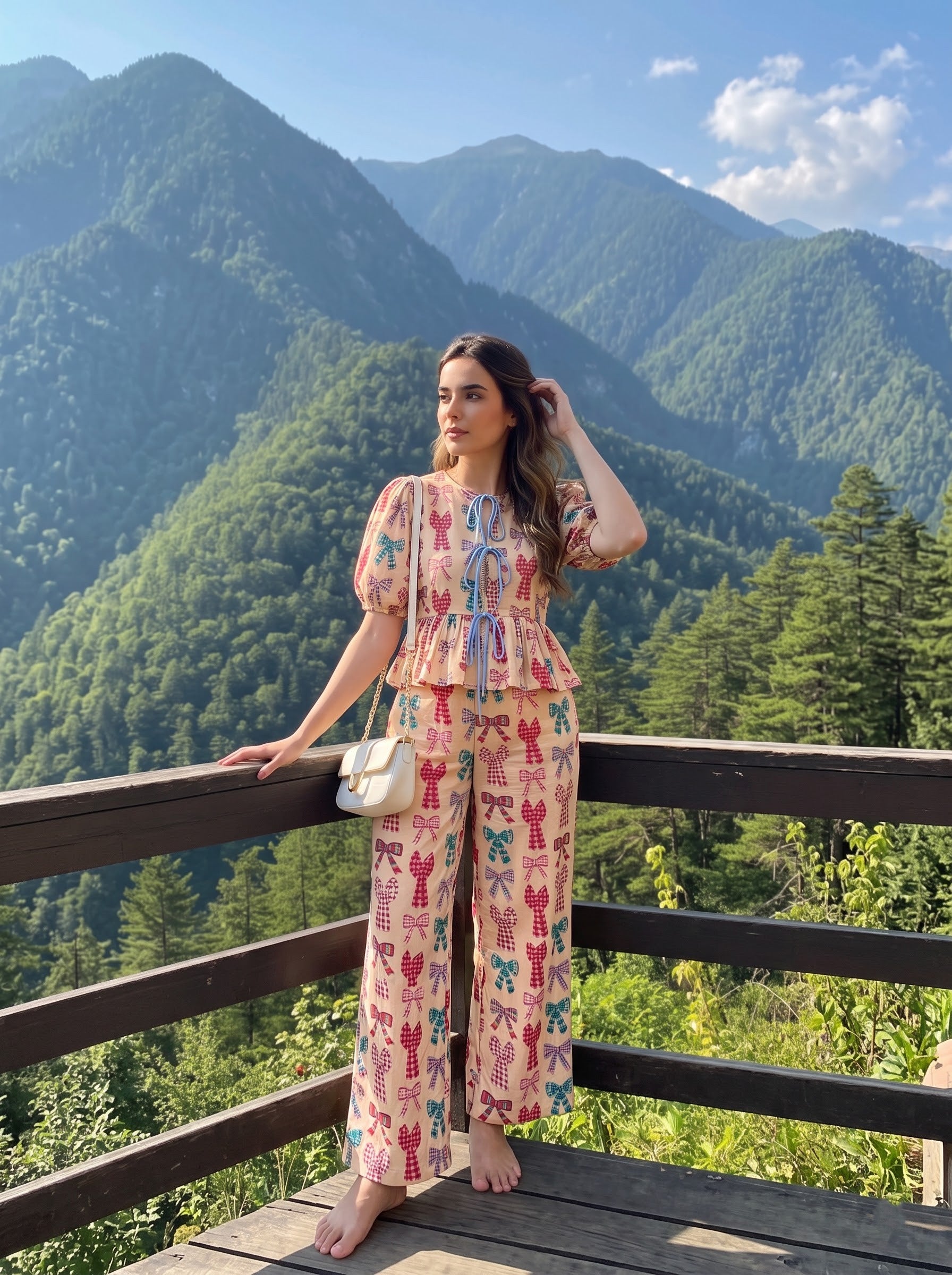 Beige Ribbon Printed Co-ord Set