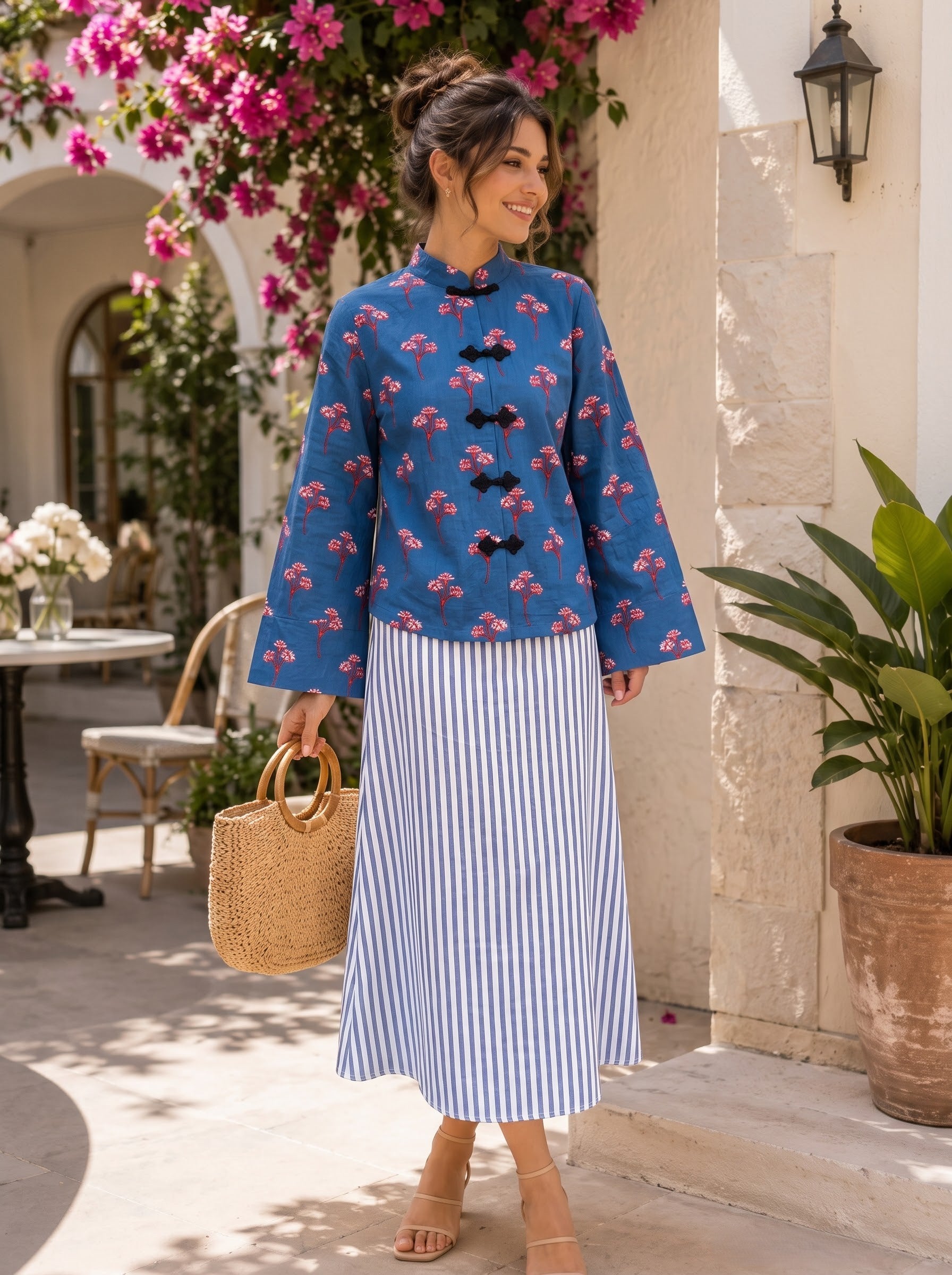 Floral Blue Hand-Block Printed & Striped Skirt Set