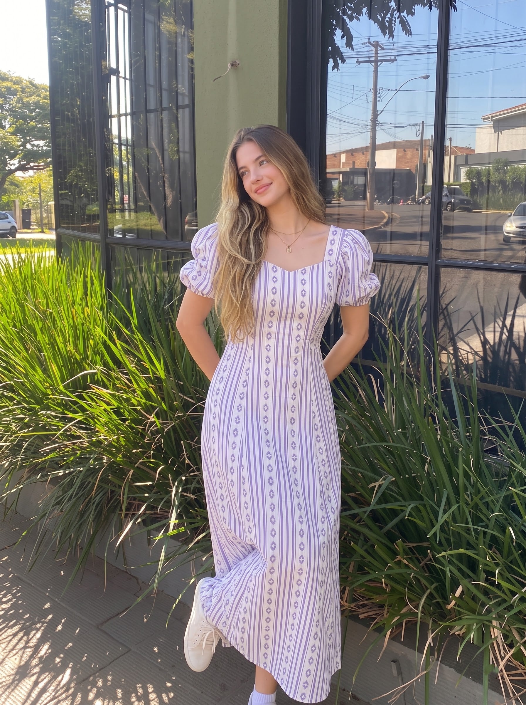 Lavender Striped Puff Sleeve Maxi Dress