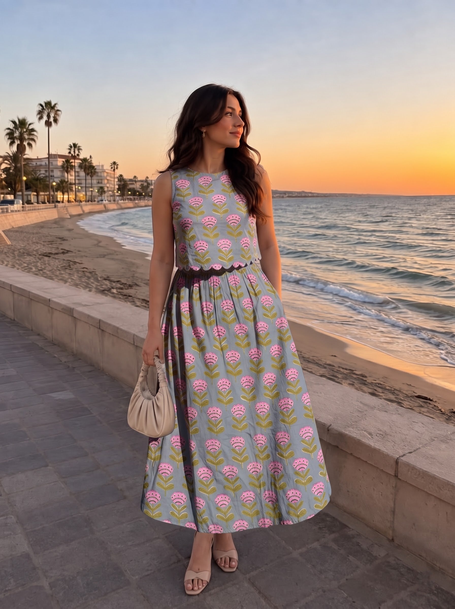 Floral Grey Block Print Skirt Set