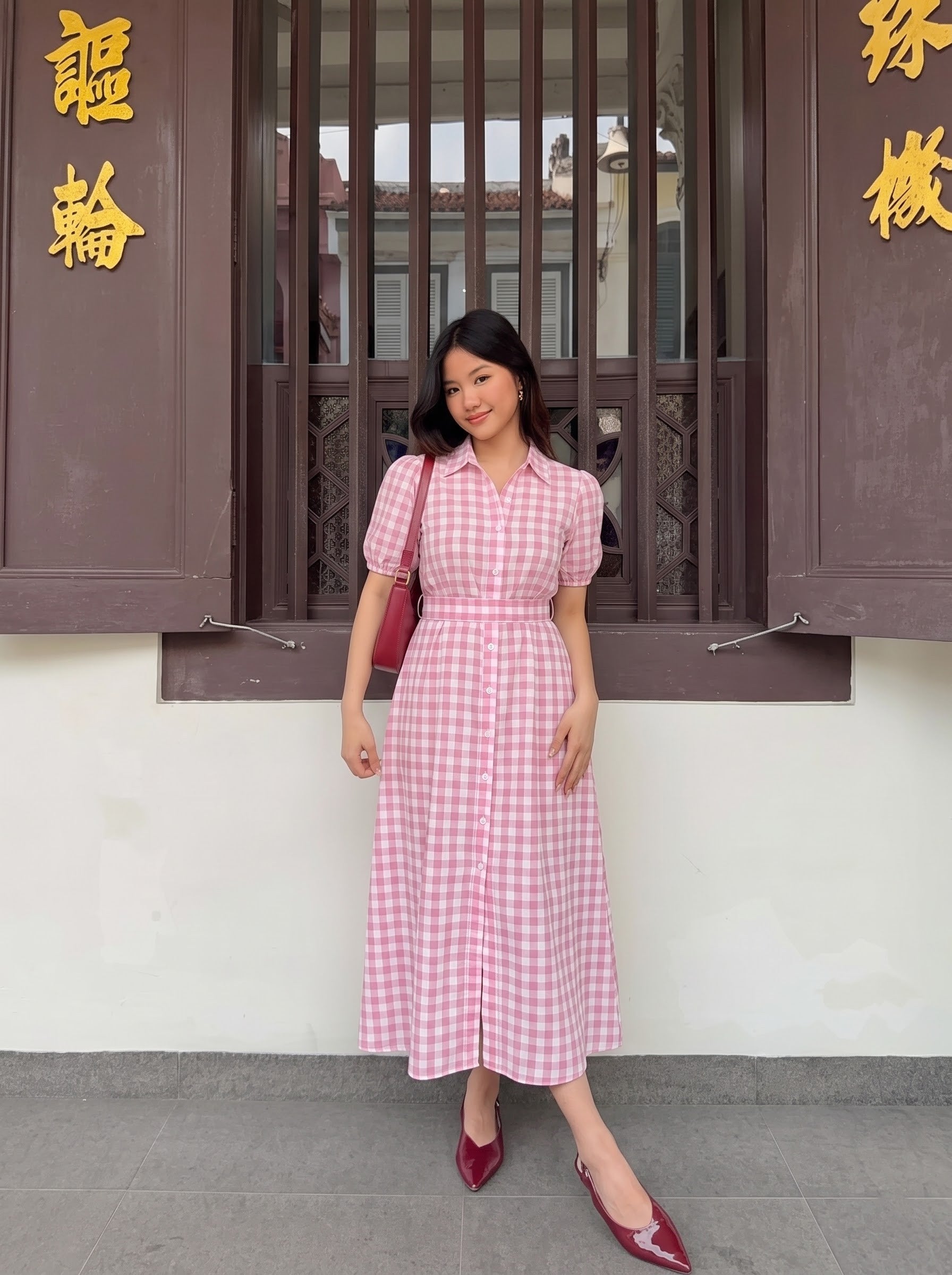 Pink Gingham Button Down Shirt Dress