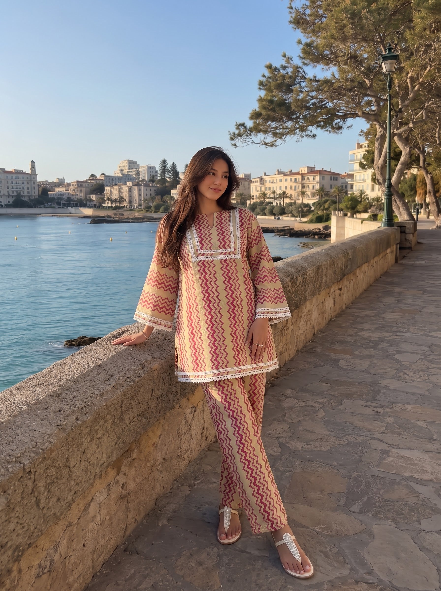 Beige Red Zigzag Printed Co-Ord Set