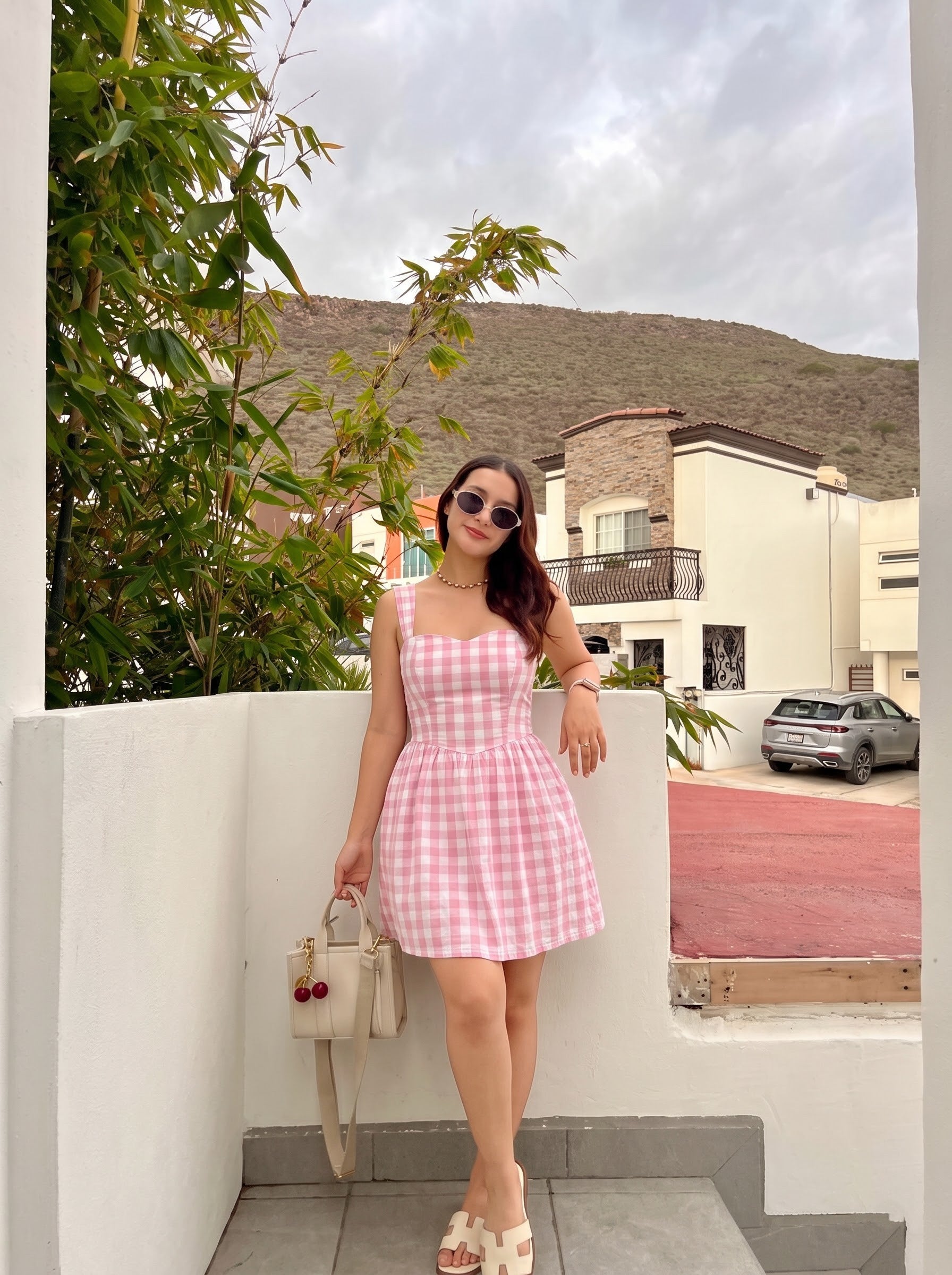 Pink Gingham Flared Mini Dress