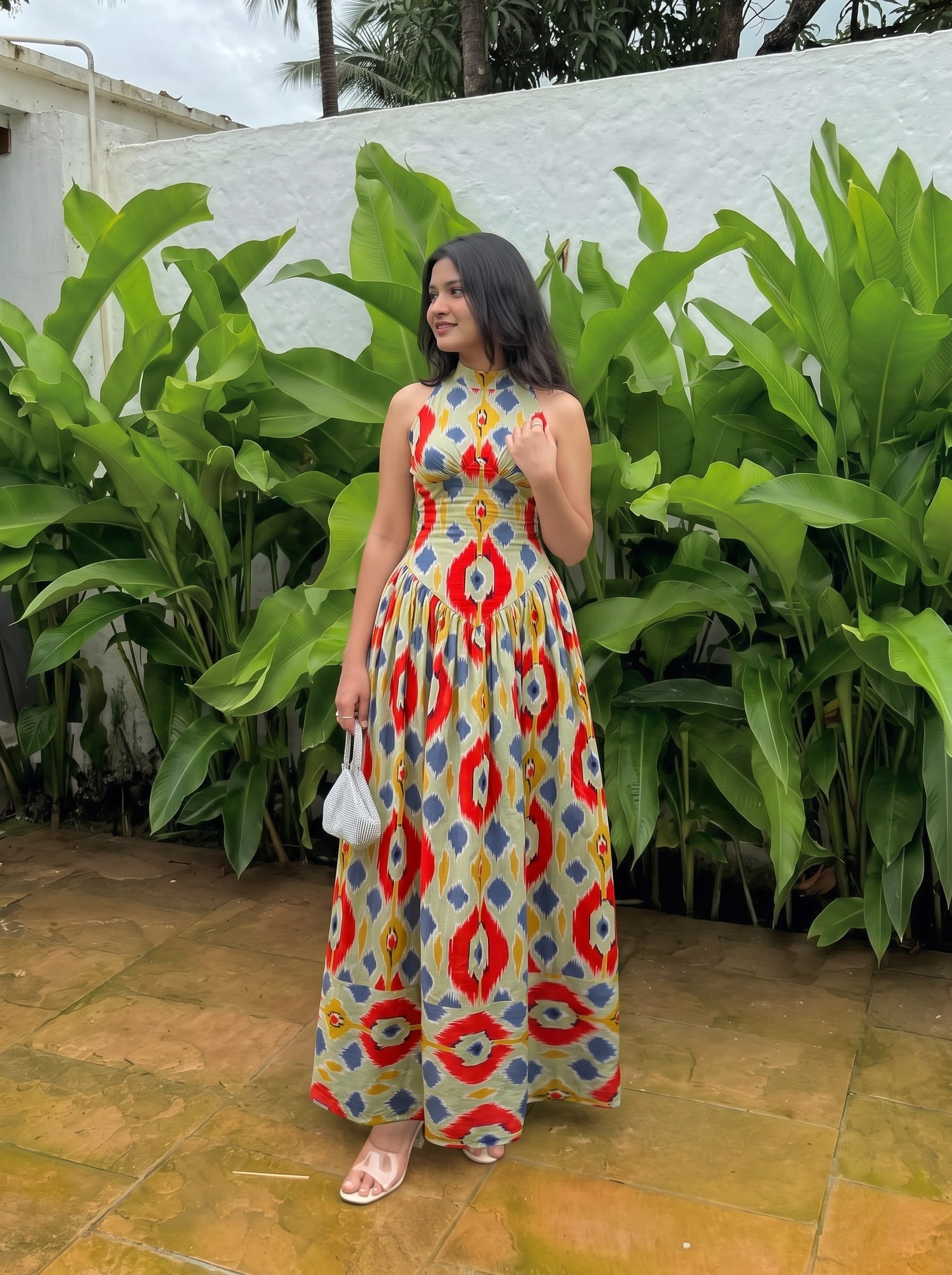 Multicolour Ikat Print Halter Maxi Dress