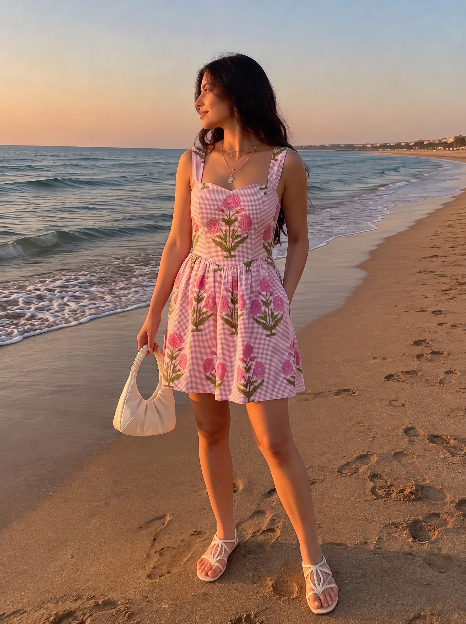 Floral Pink Sweetheart Neck Mini Dress