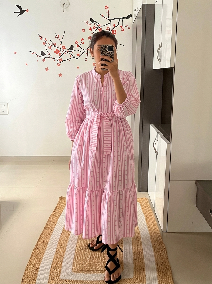 Pink Striped Heart Tiered Maxi Dress