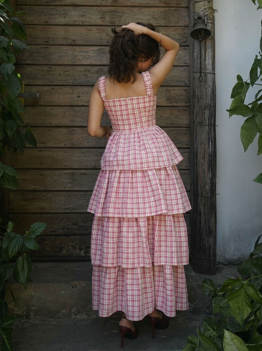 Pink Plaid Gingham Tiered Dress