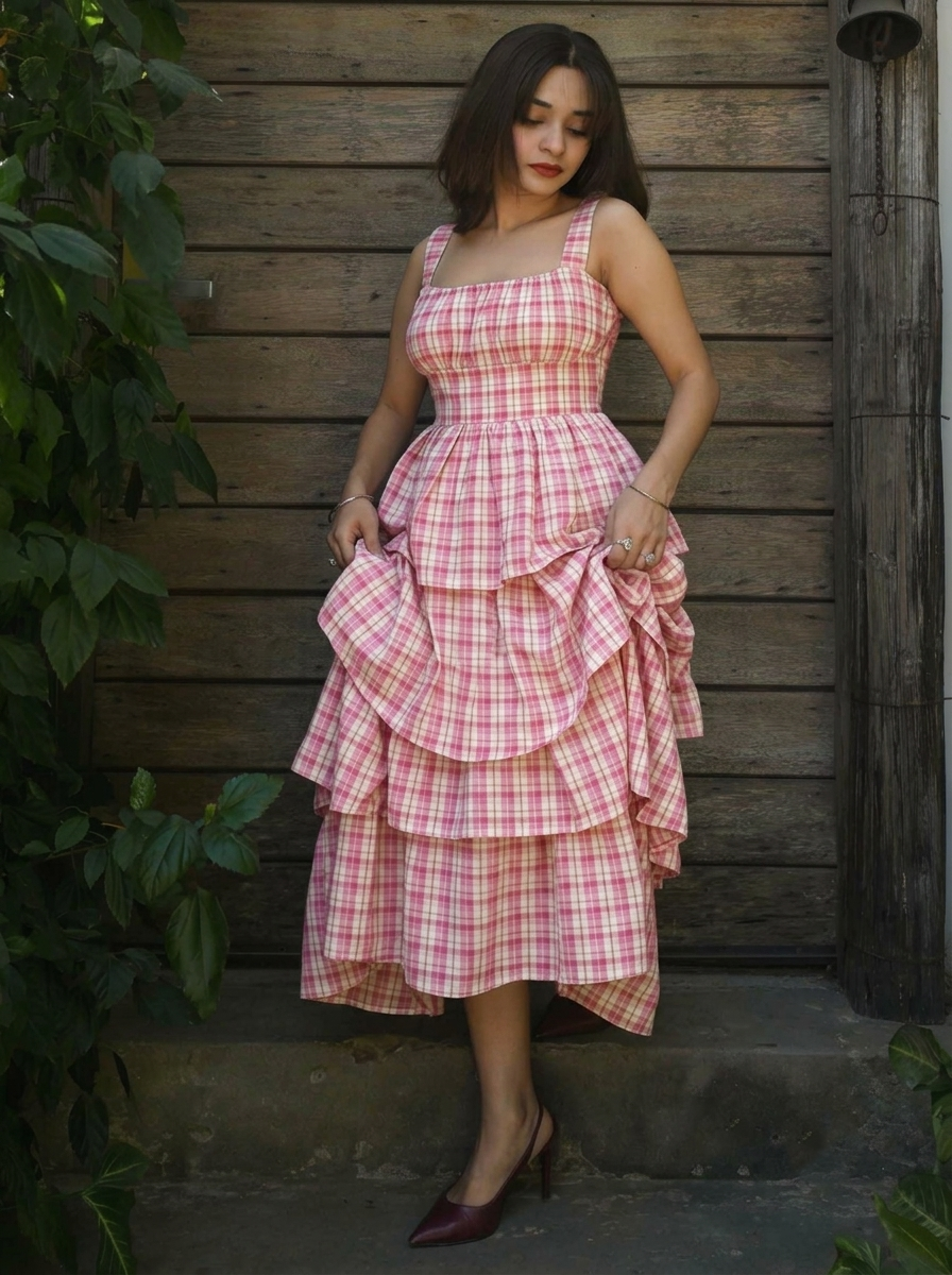 Pink Plaid Gingham Tiered Dress
