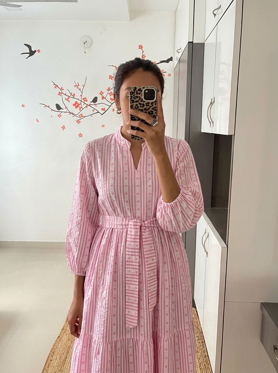 Pink Striped Heart Tiered Maxi Dress