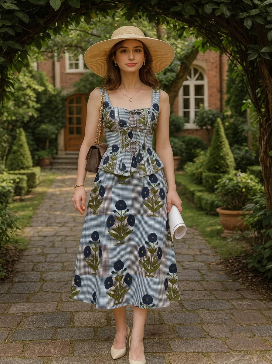 Floral Blue Checkered Skirt Set