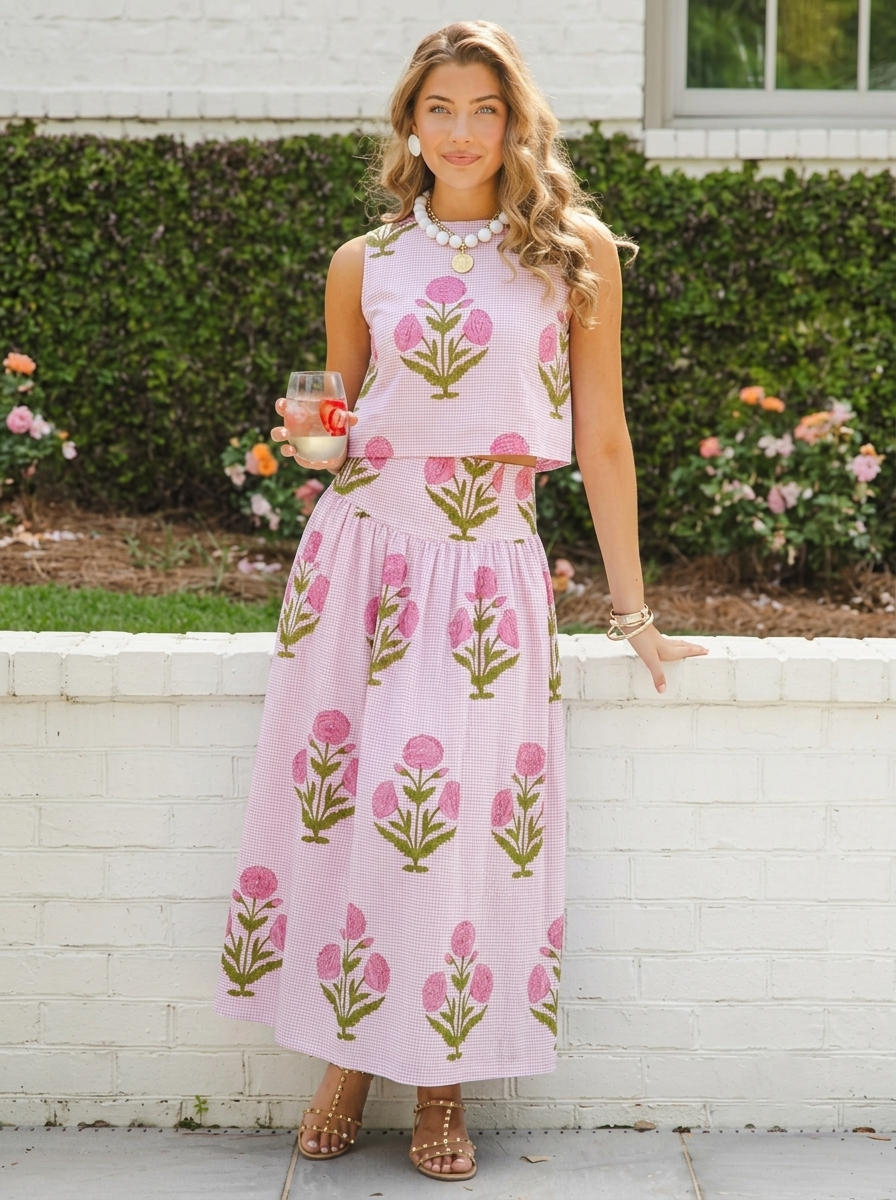 Pink Floral Gingham Crop Skirt Set