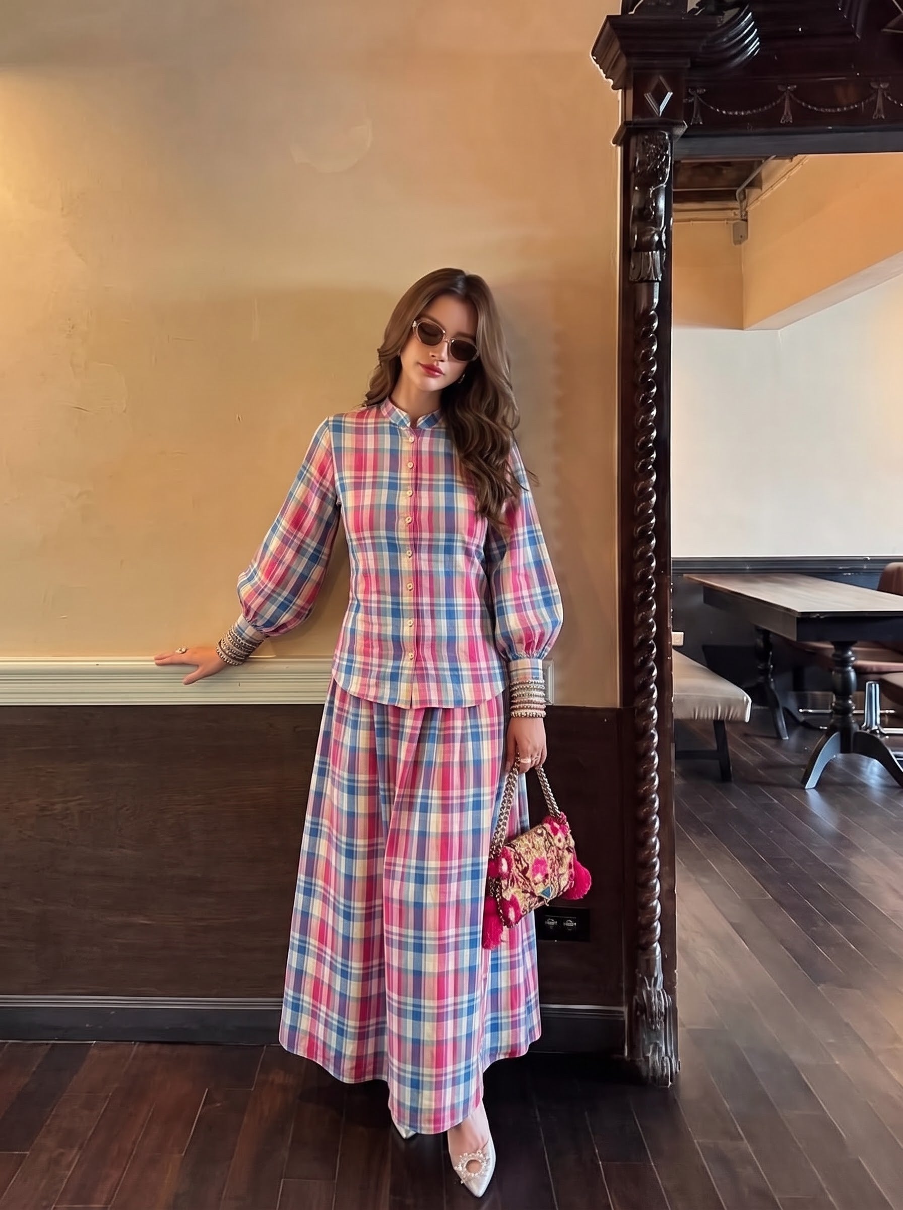 Multicolour Plaid Collar Co-Ord Set