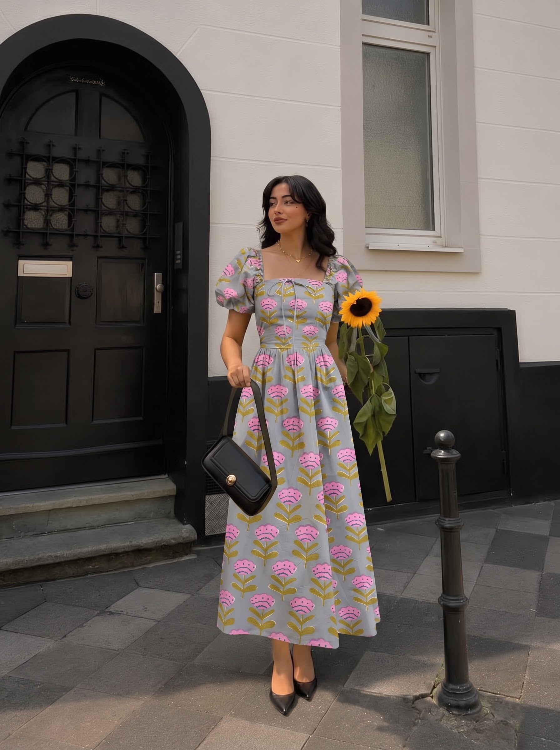Grey Floral Block Print Maxi Dress