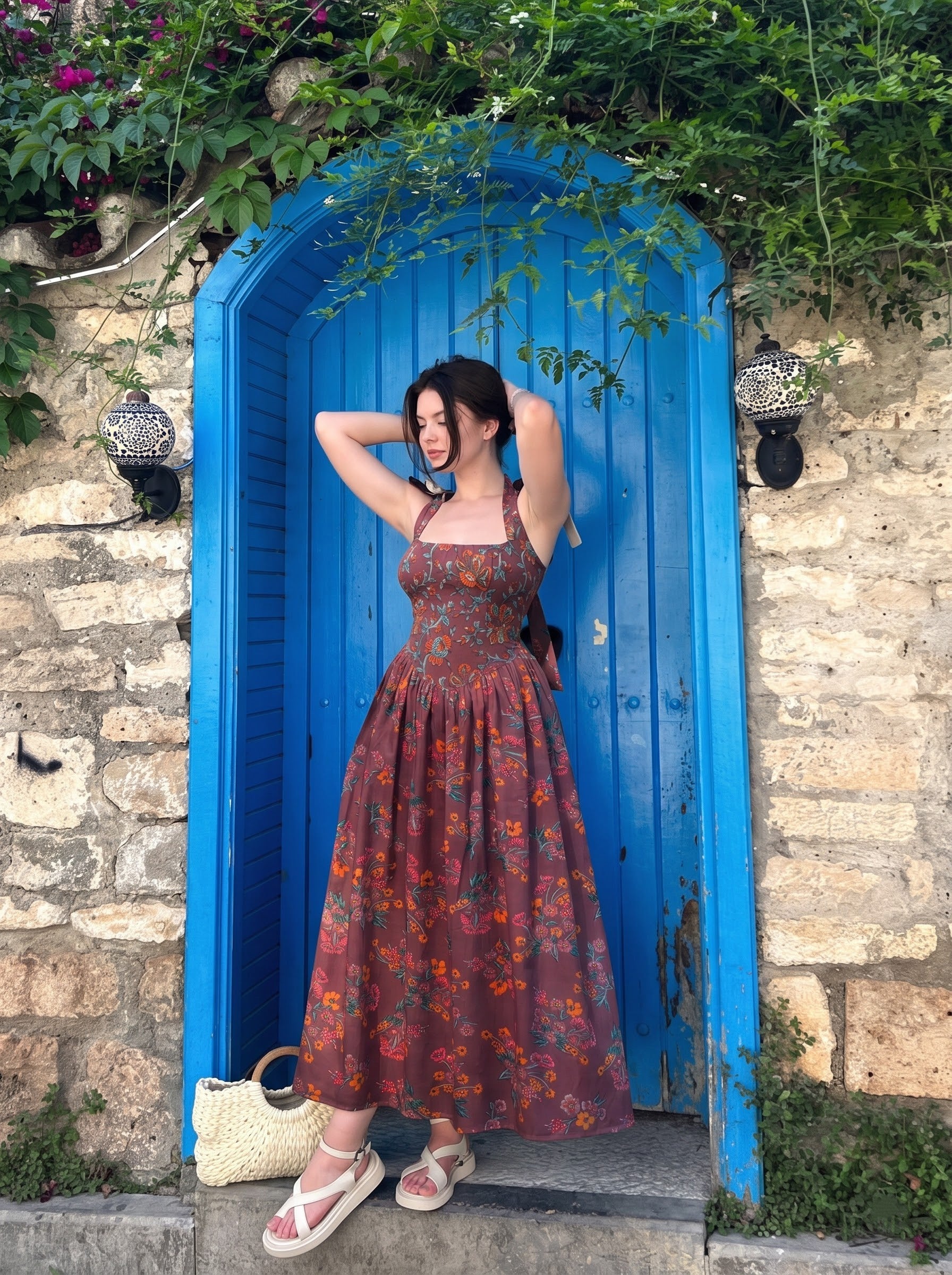 Floral Brown Halter Maxi Dress