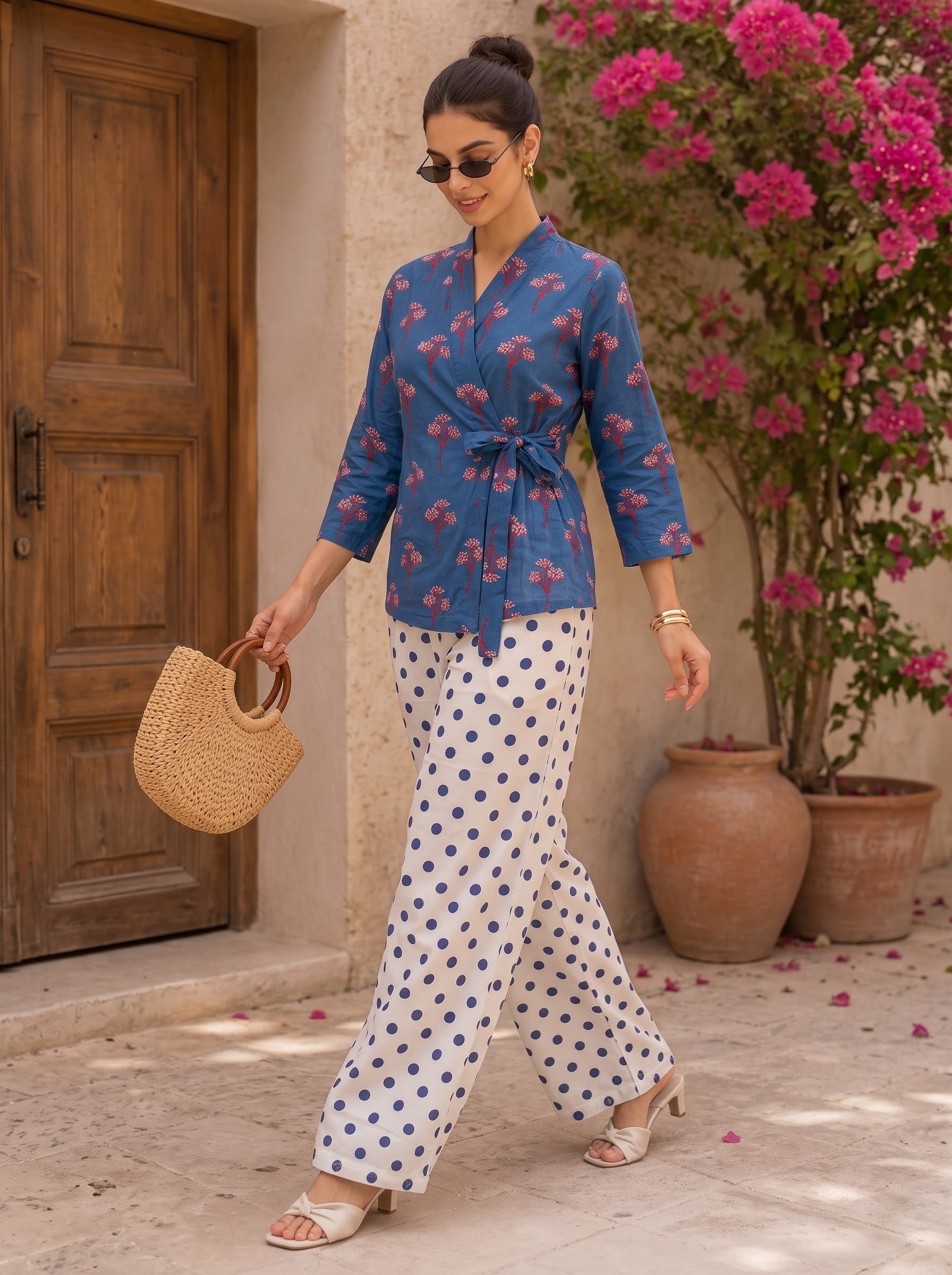 Floral Blue Hand-Block & Dots Printed Co-ord Set