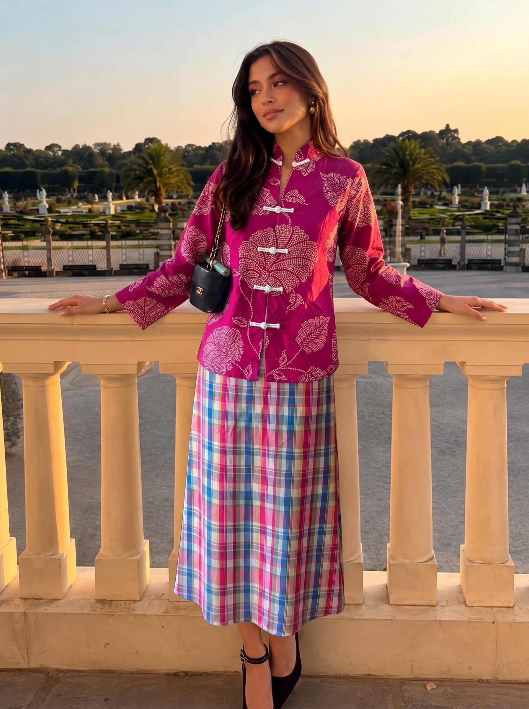 Botanical Printed Mandarin Collar Skirt Set