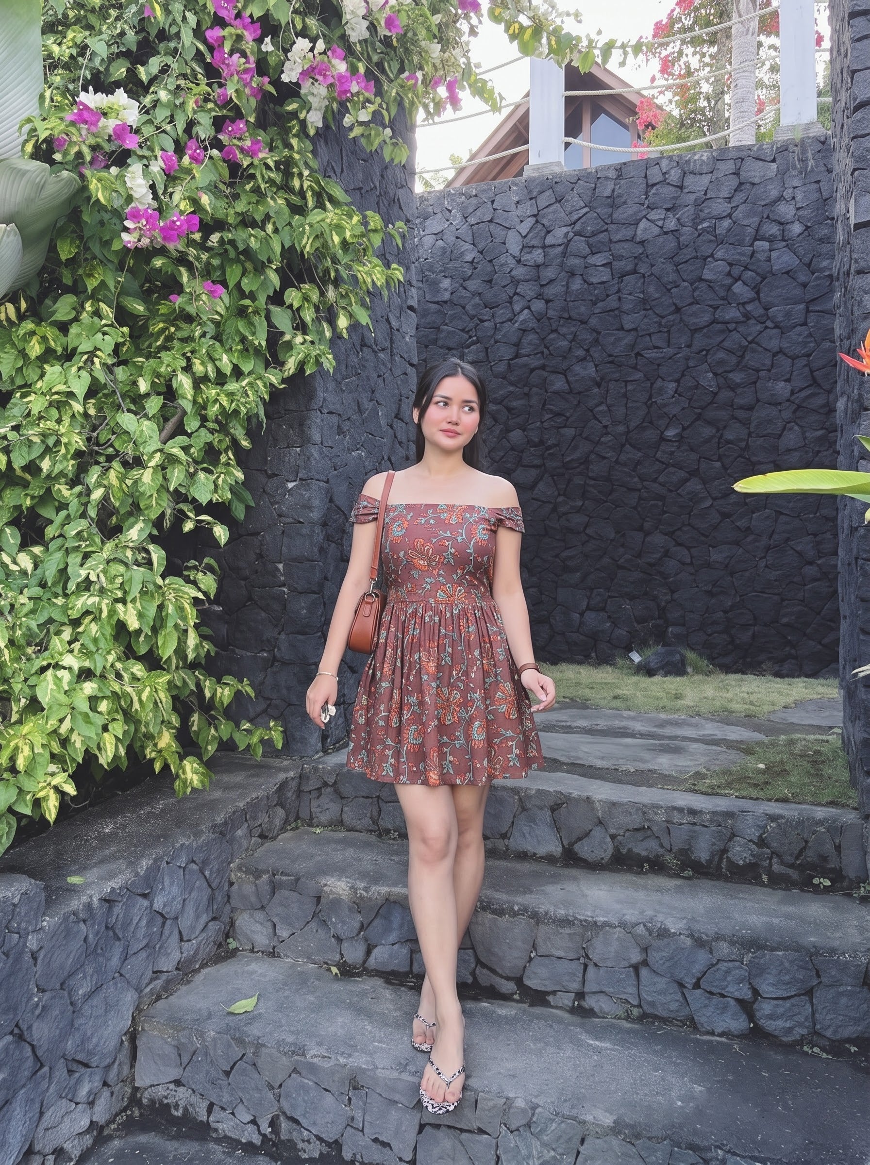 Floral Brown Flared Mini Dress