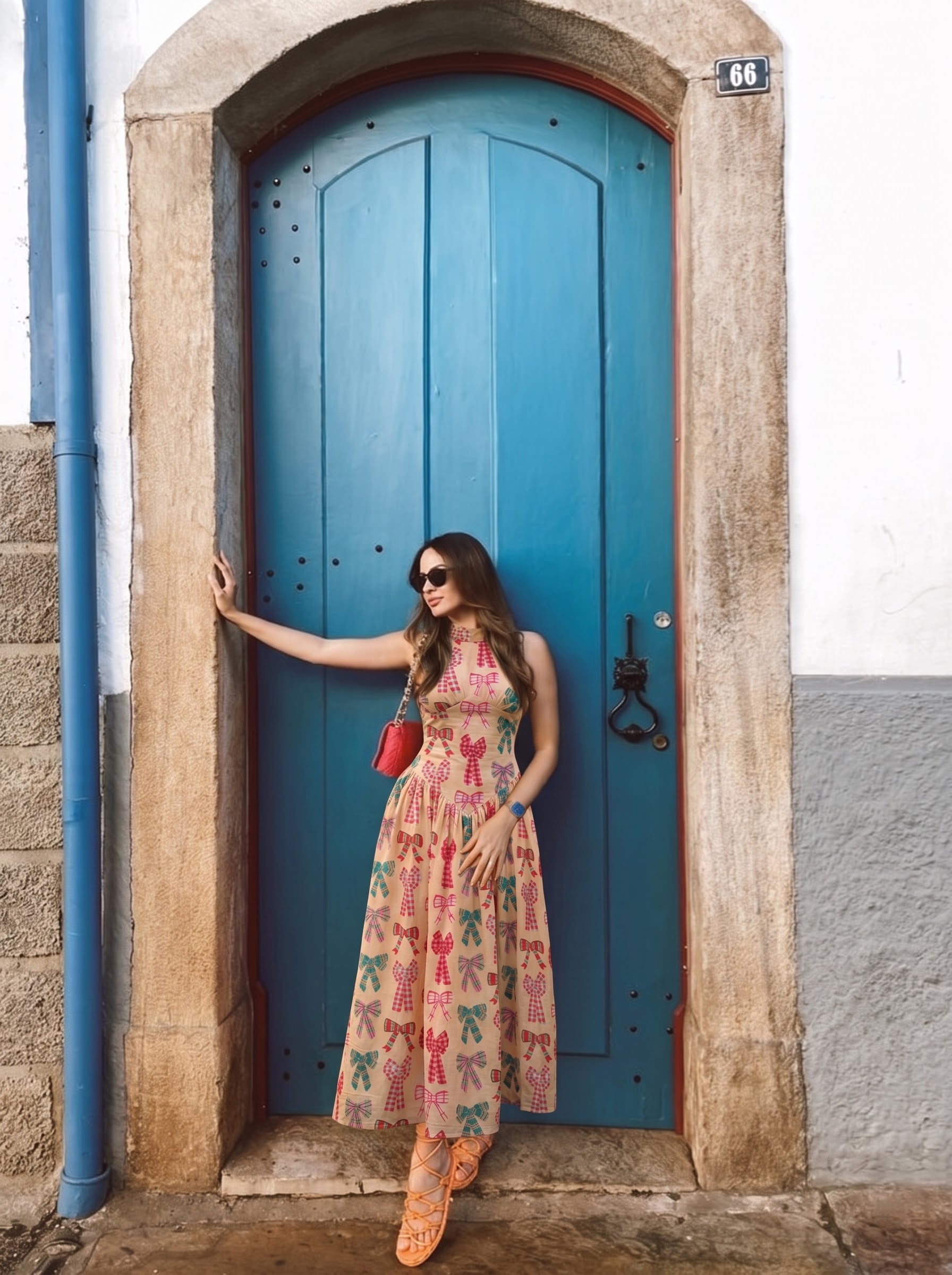 Beige Ribbon Printed Maxi Dress