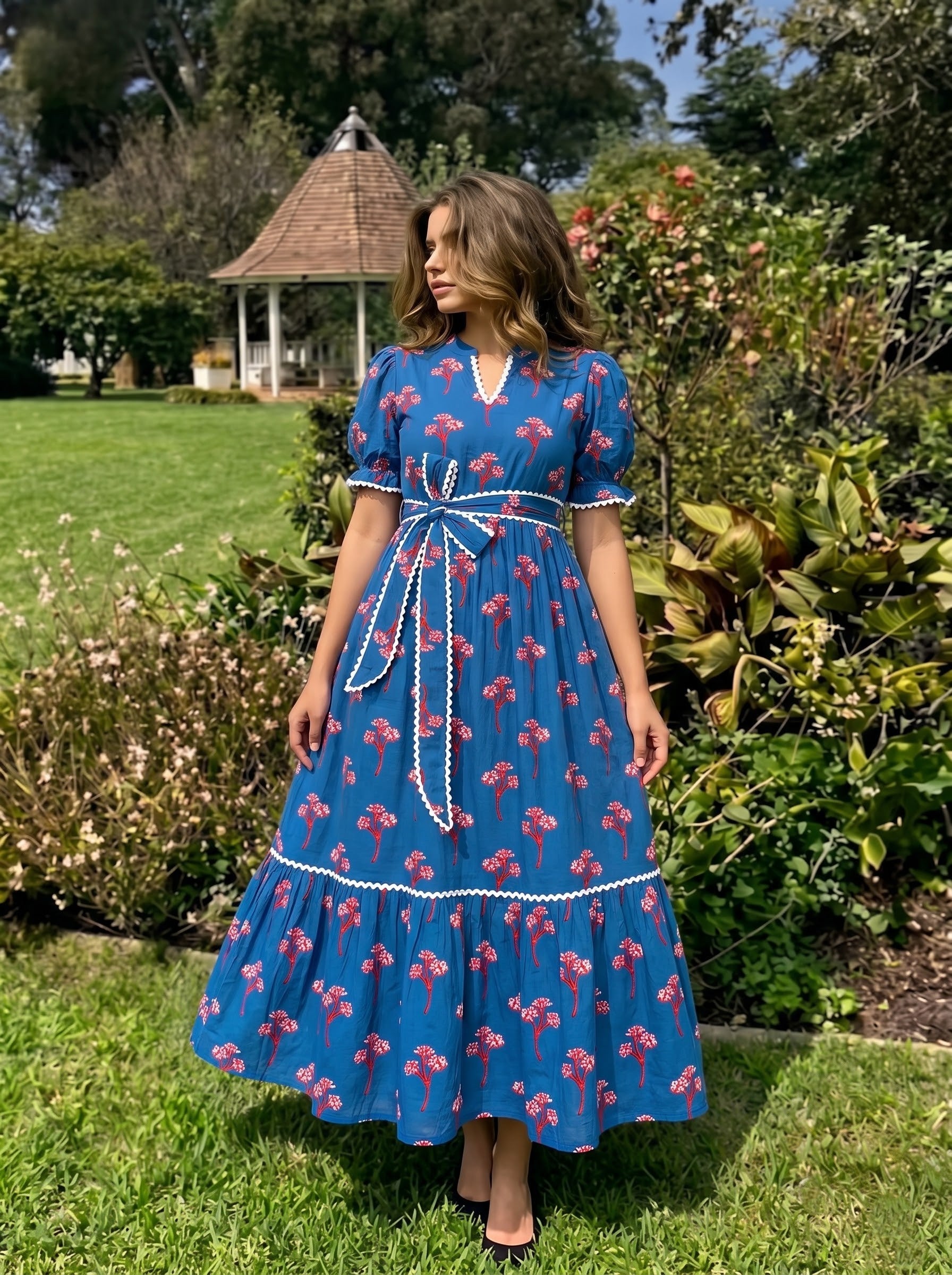 Floral Blue Belted Maxi Dress
