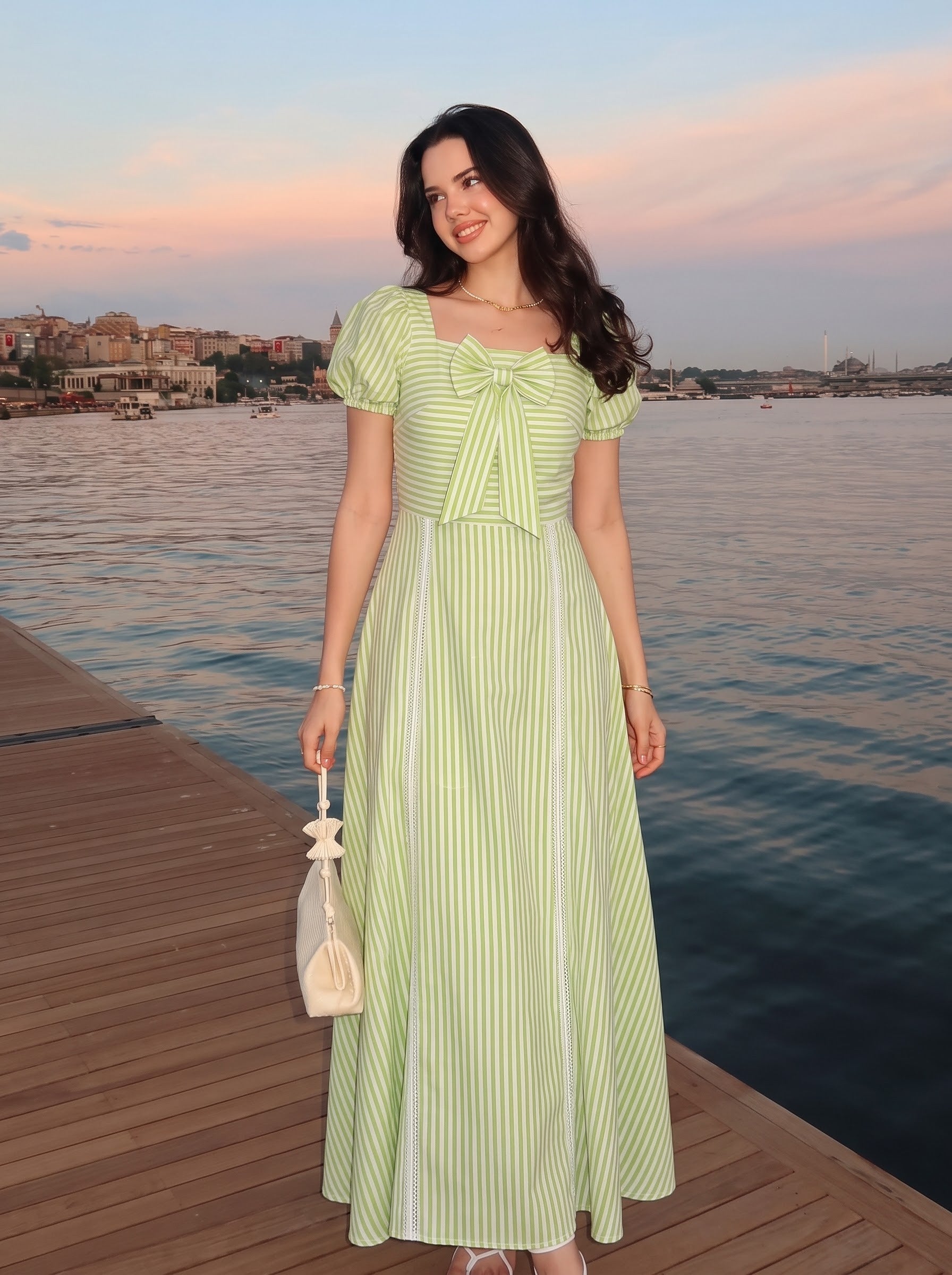 Green Striped Bow Detail Midi Dress
