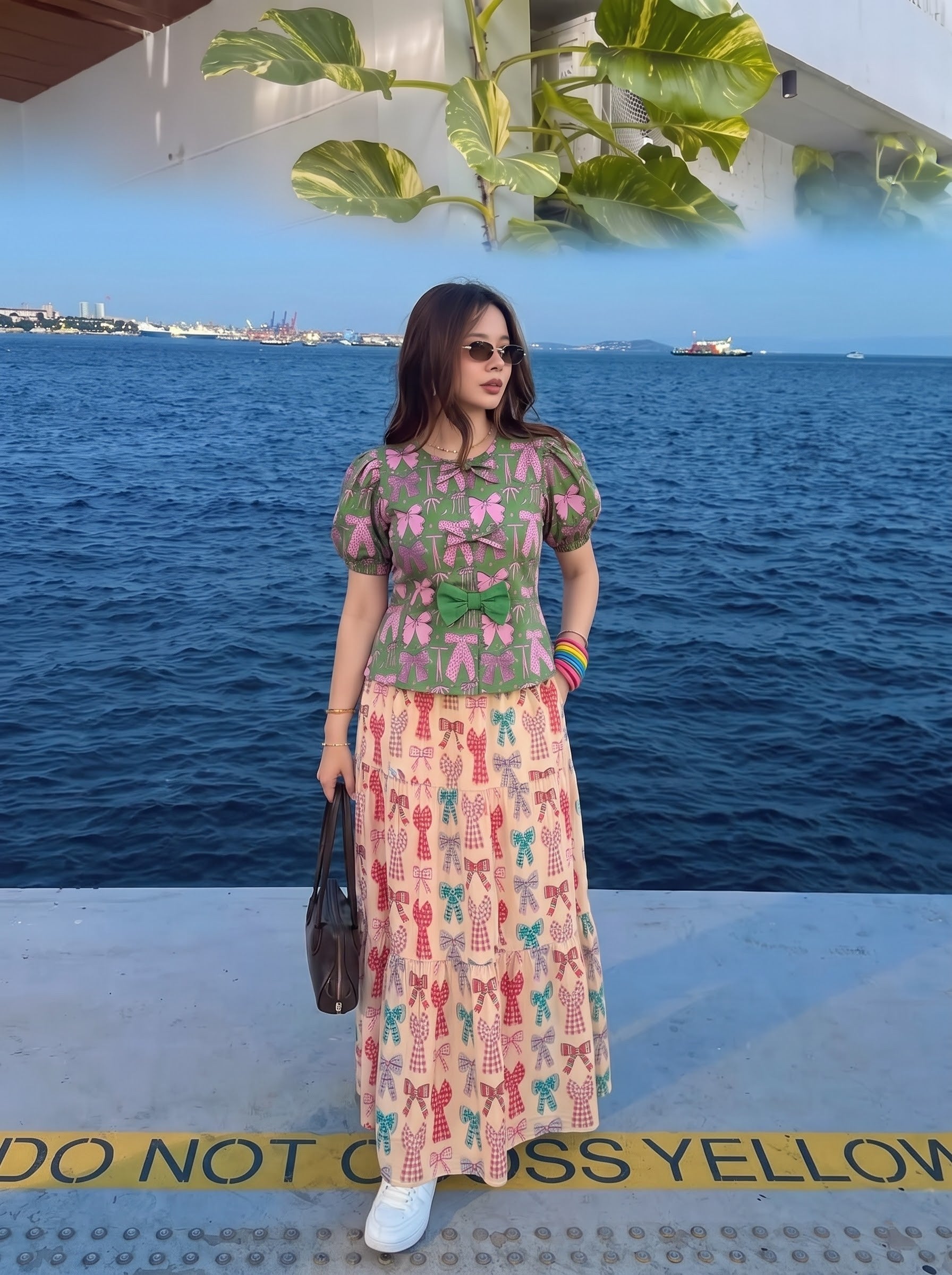 Ribbon Bow Printed Puff Sleeve Skirt Set