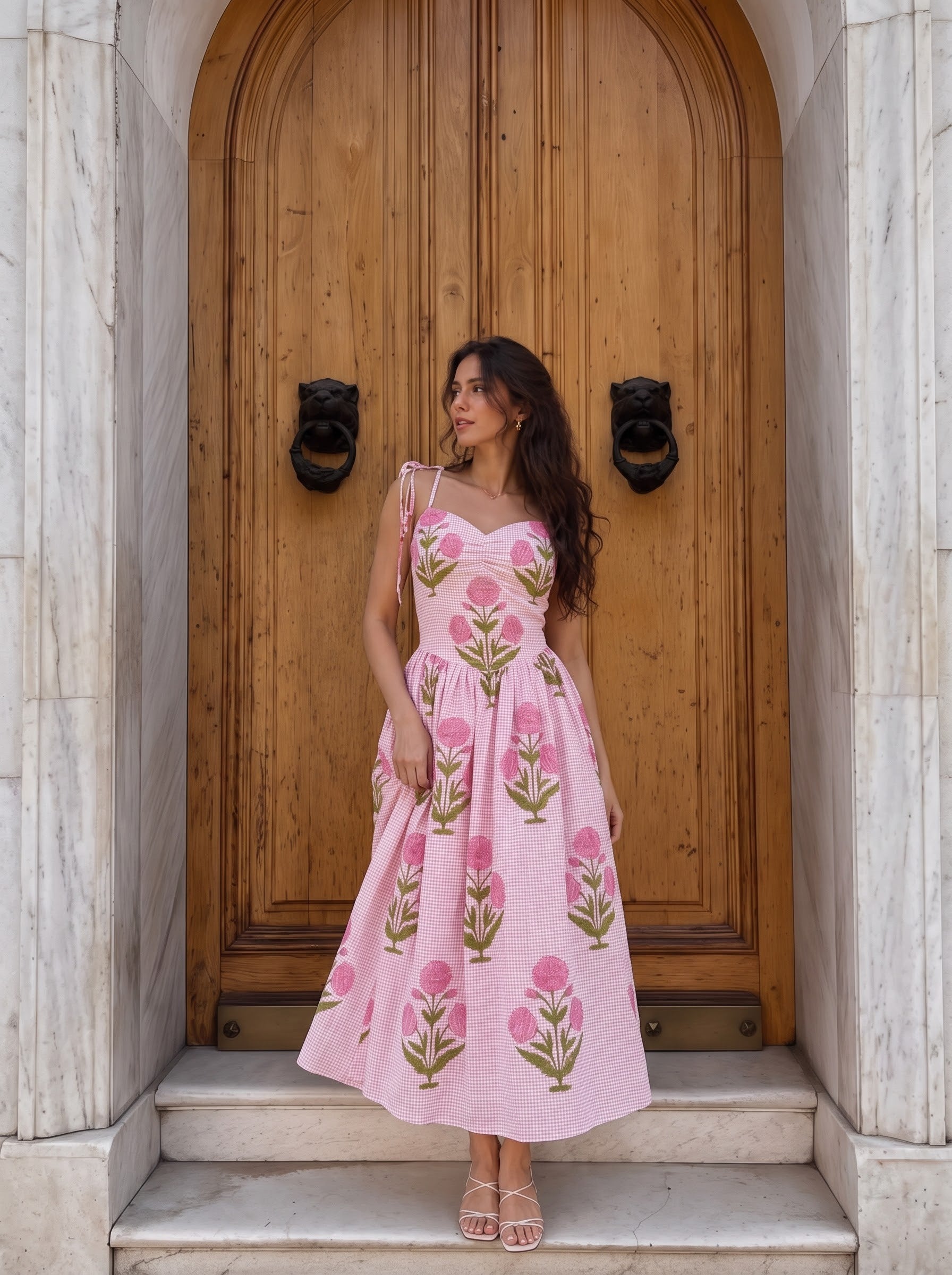 Pink Gingham Floral Printed Maxi Dress