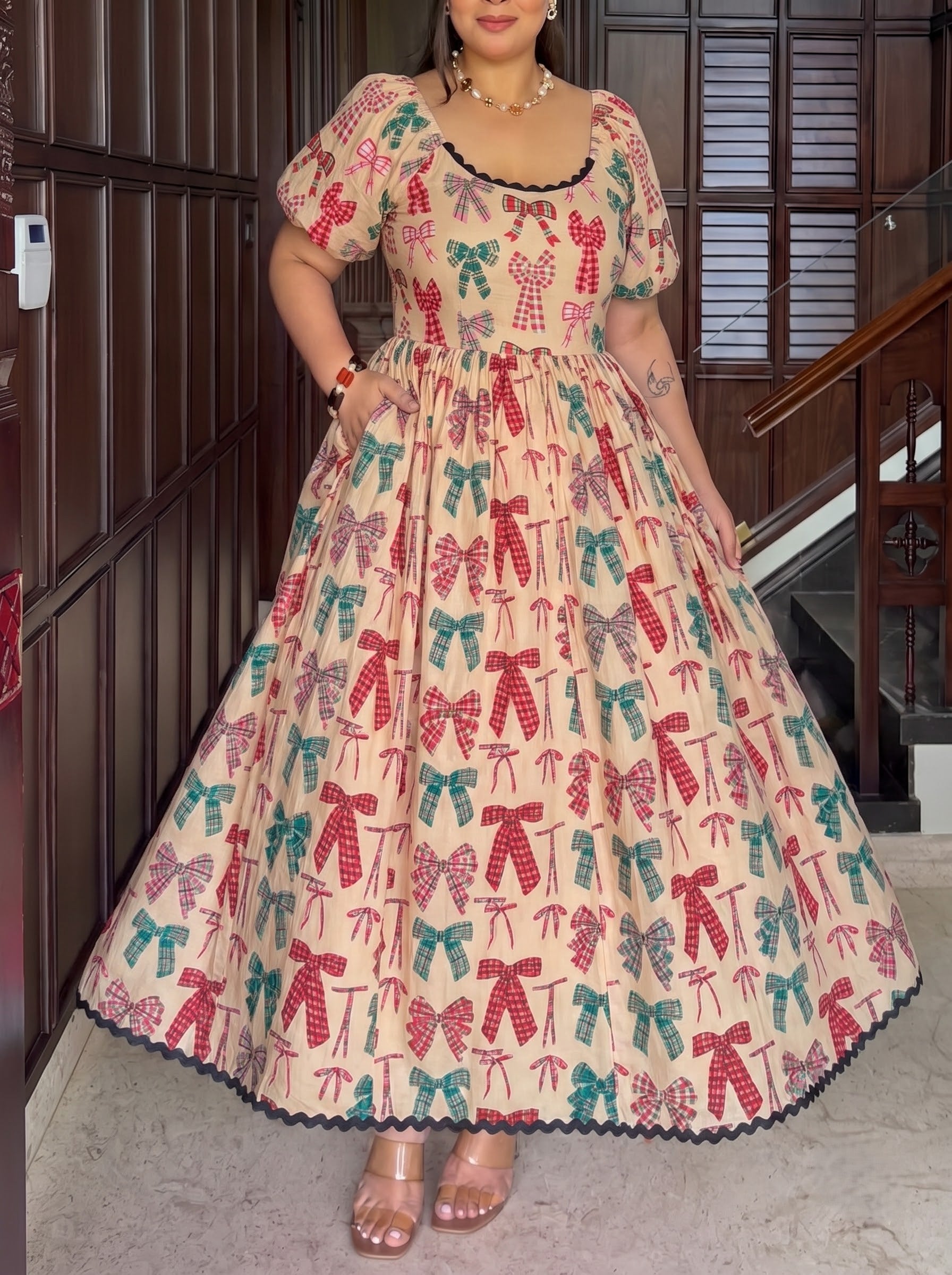 Ribbon Print Scoop Neck Maxi