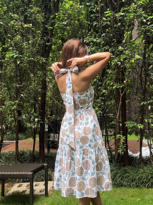 Beige Floral Flared Maxi Dress
