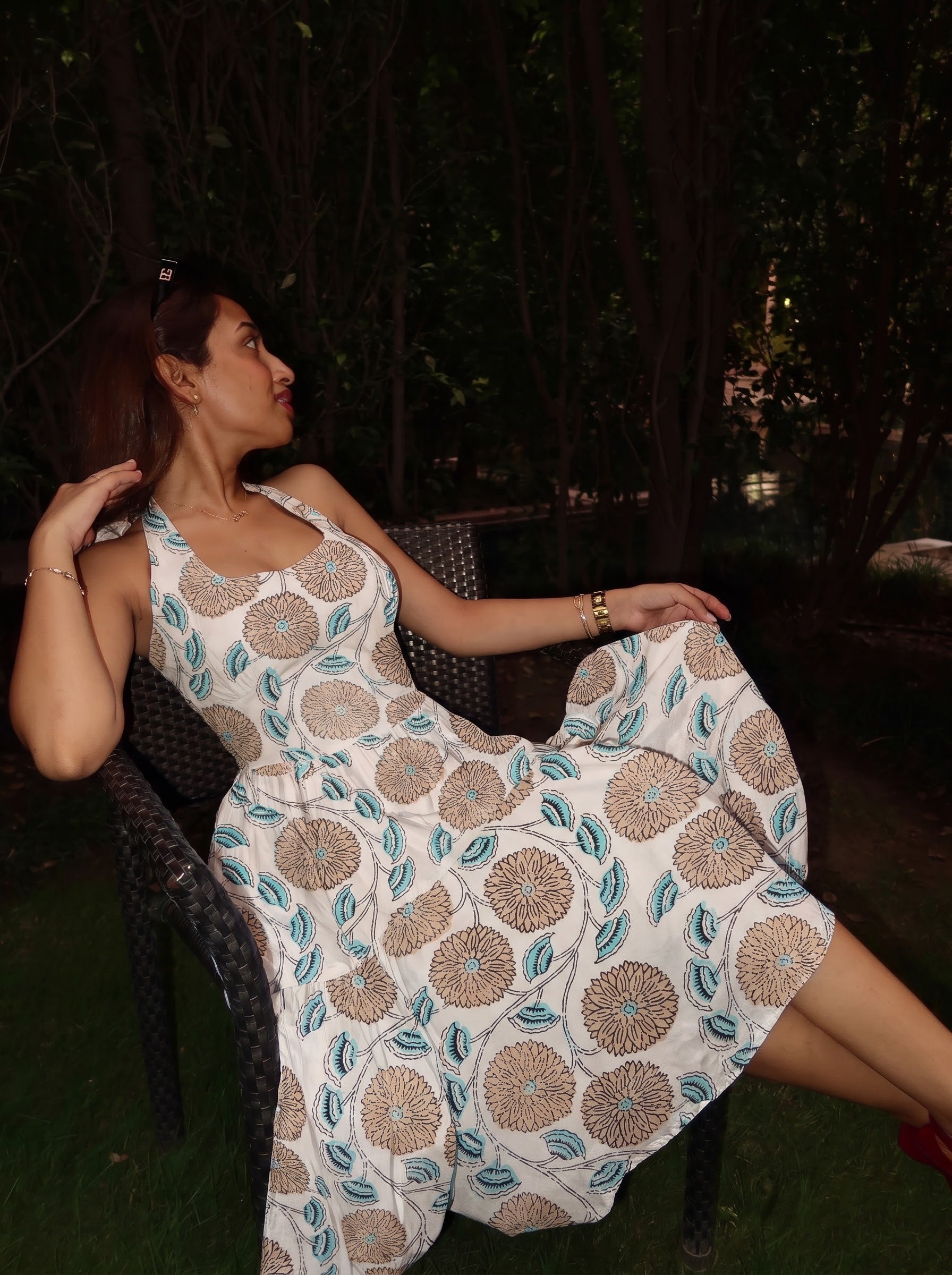 Beige Floral Flared Maxi Dress
