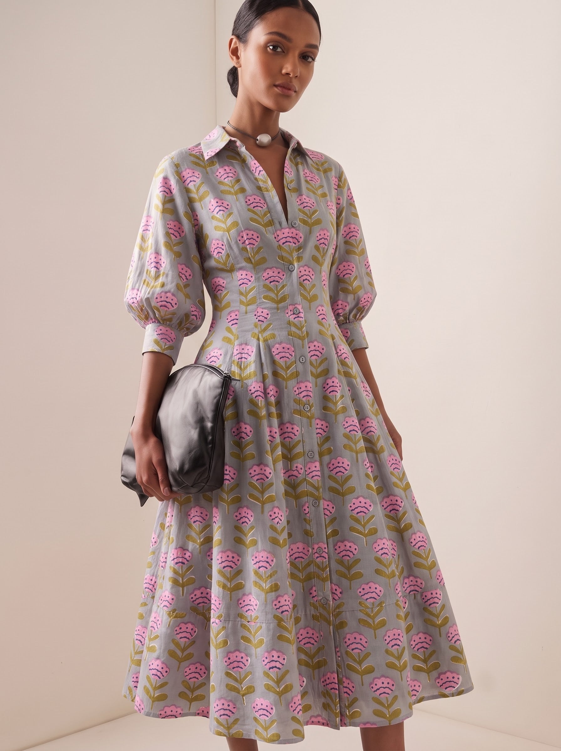 Grey & Pink Floral Printed Shirt Dress