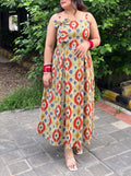 Multicolor Ikat Printed Shoulder Bow Maxi Dress