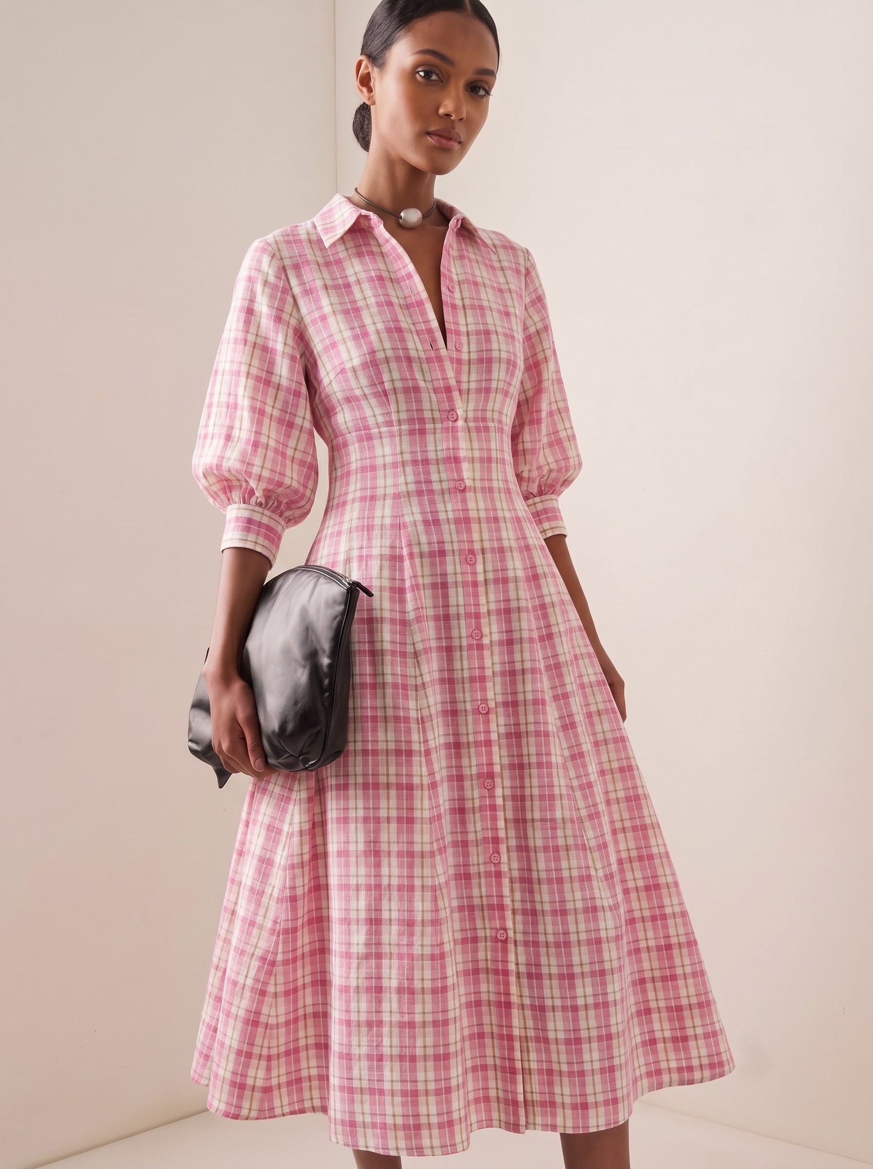 Pink Check Button-Down Midi Dress