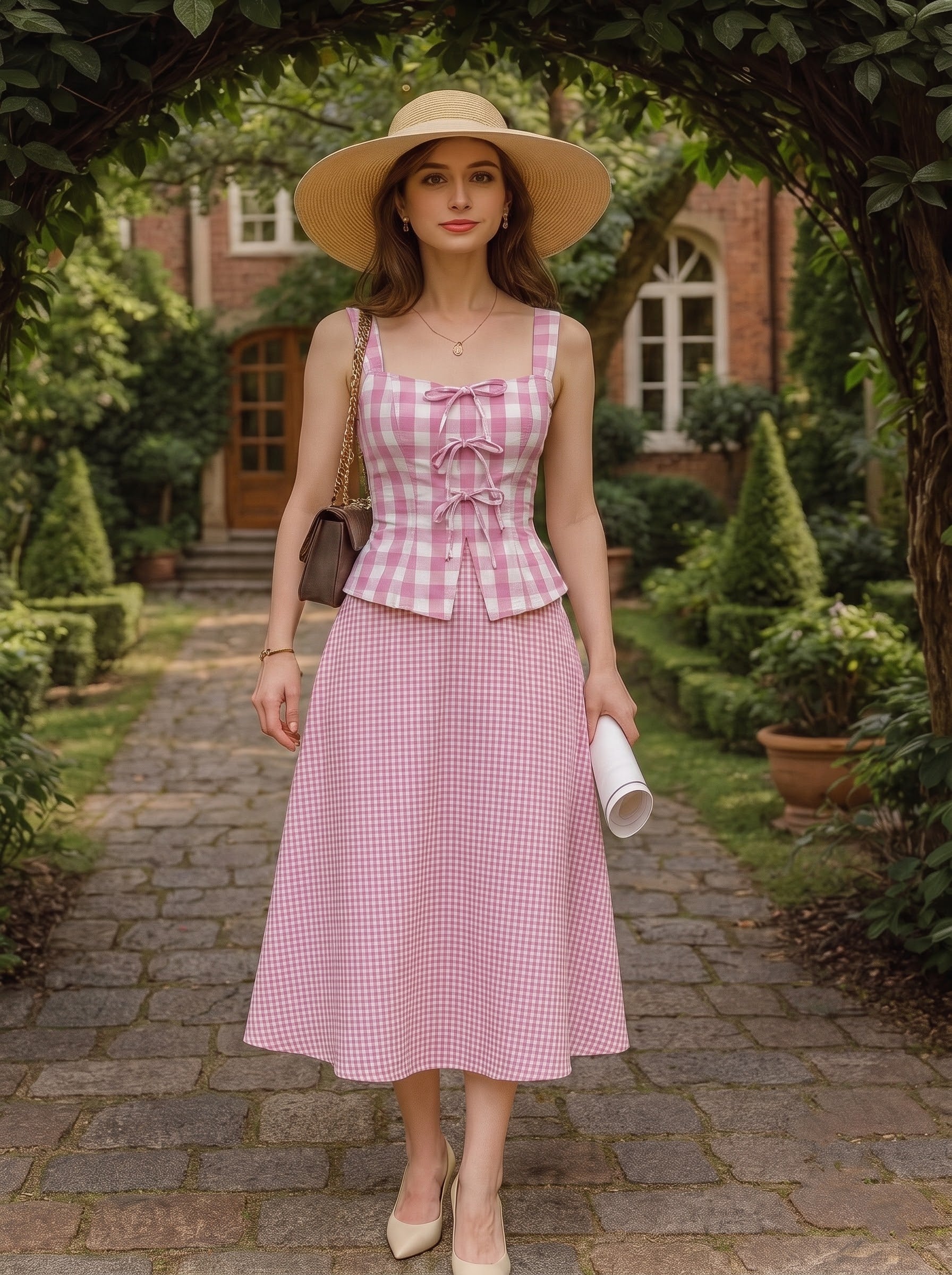 Pink Gingham Checkered Skirt Set
