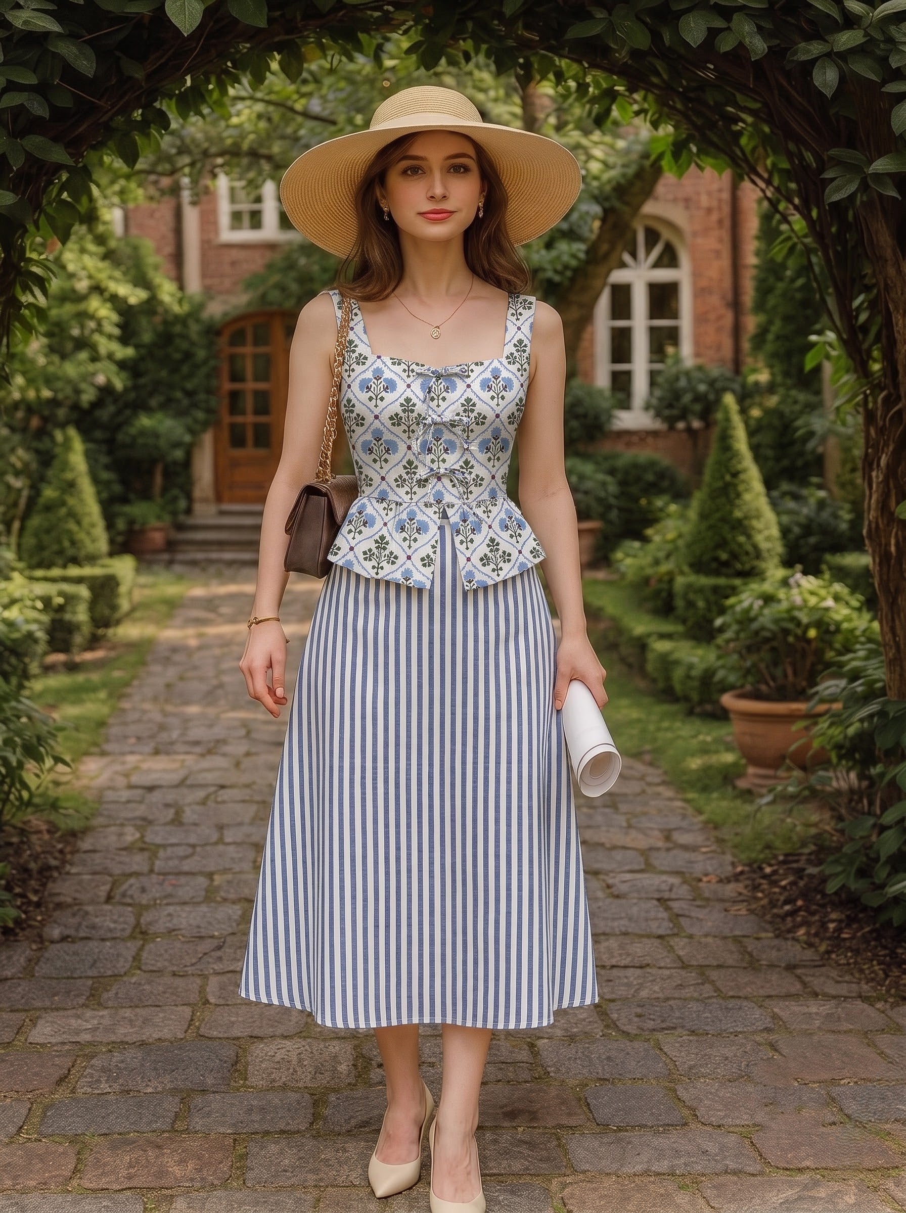 Blue Floral & Striped Skirt Set