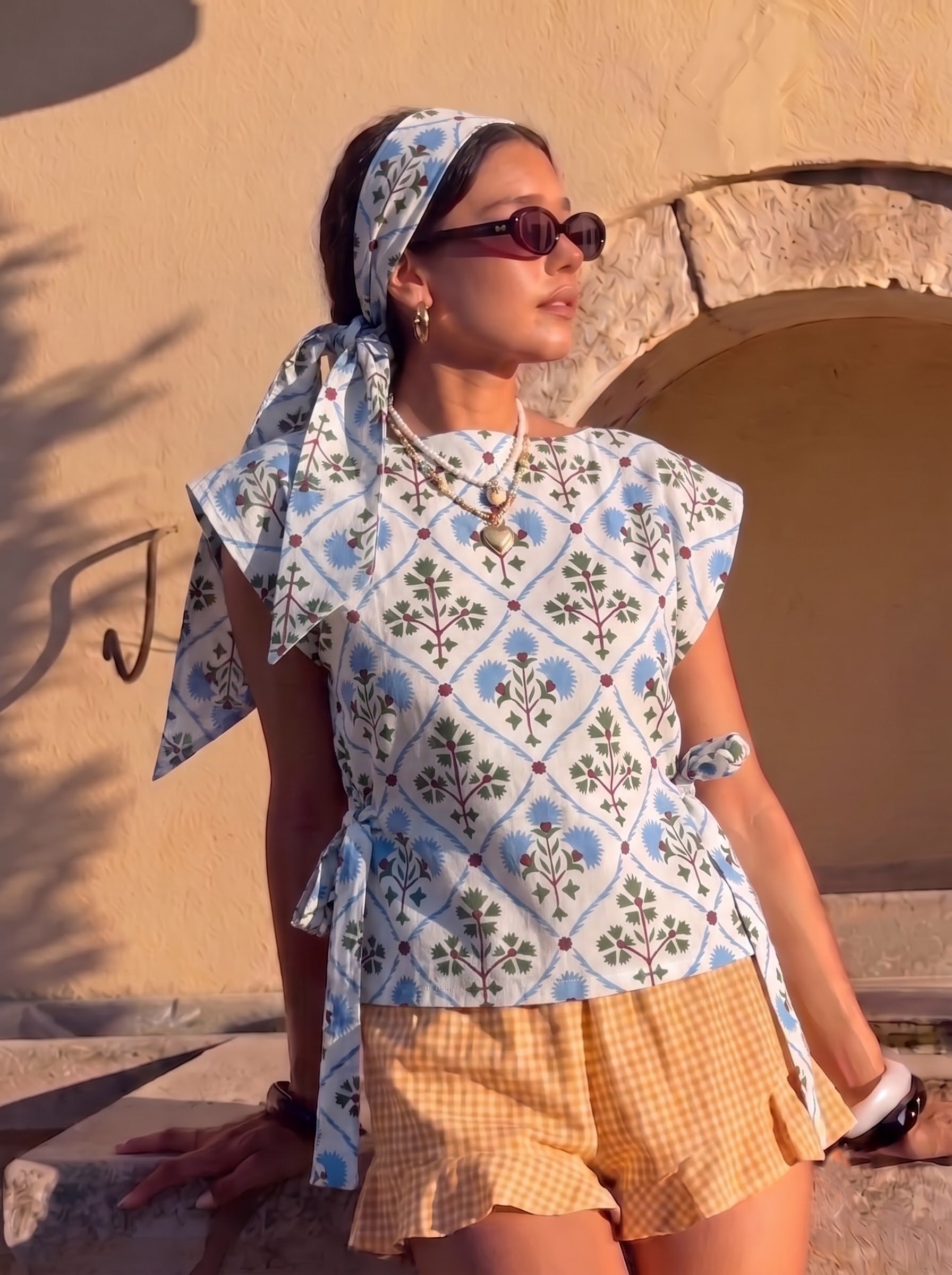 Floral Block Printed Side-Tie Top