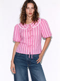 Pink Striped Collar Tie-Front Top
