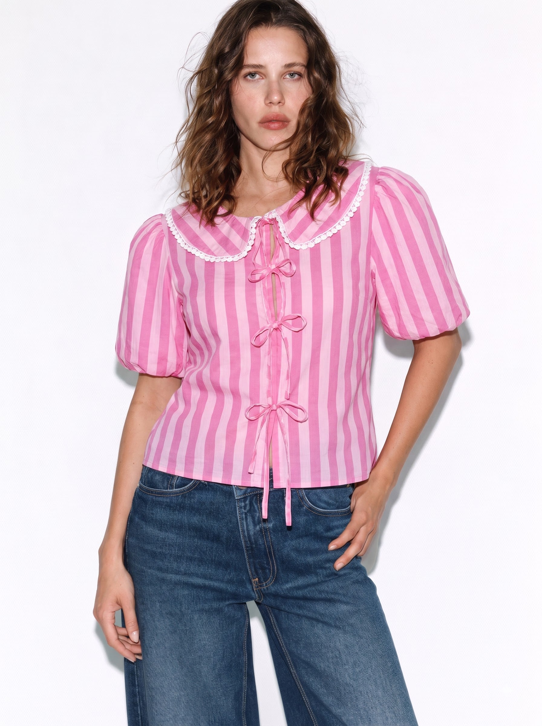 Pink Striped Collar Tie-Front Top