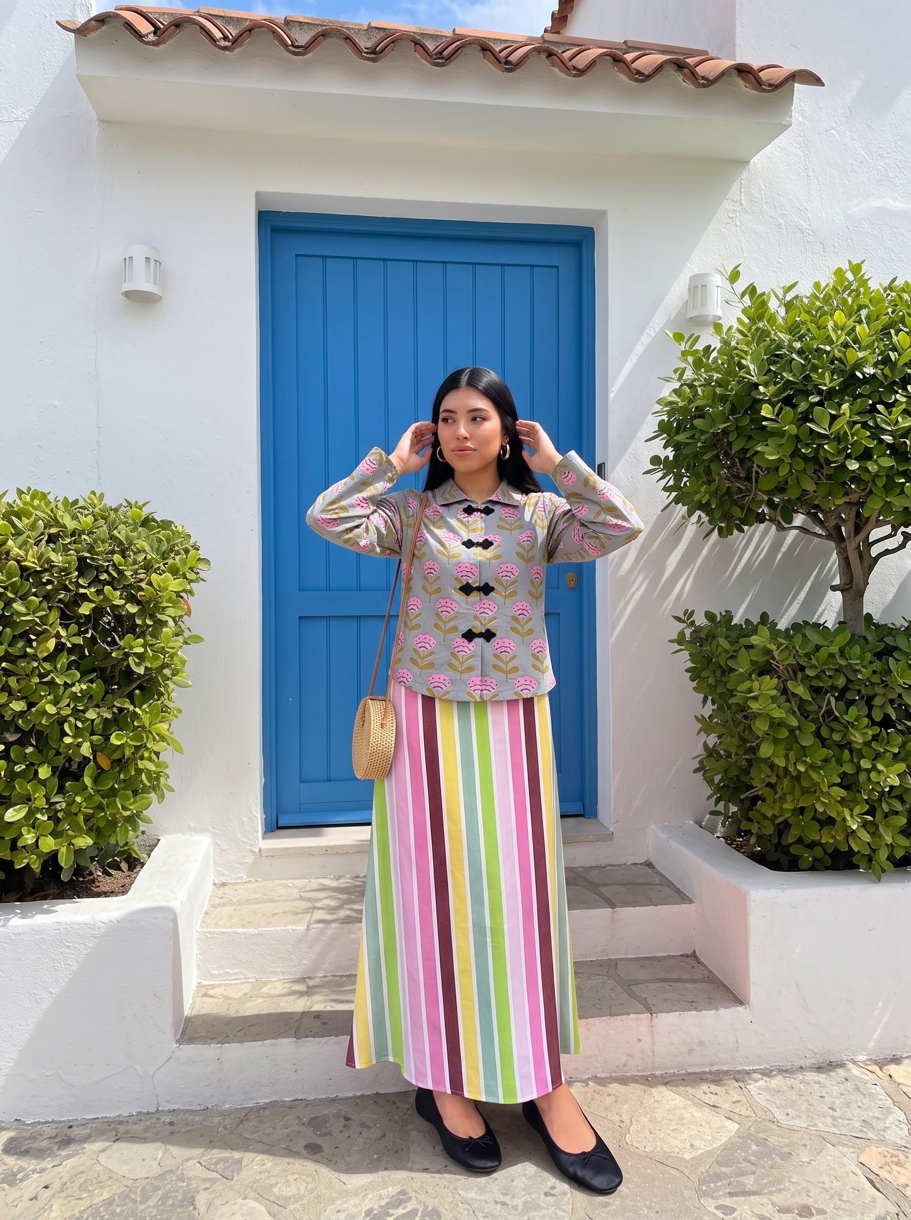 Floral Hand-Block Printed & Striped Skirt Set
