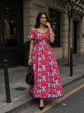 Ribbon Bow Printed Flared Ankle Dress