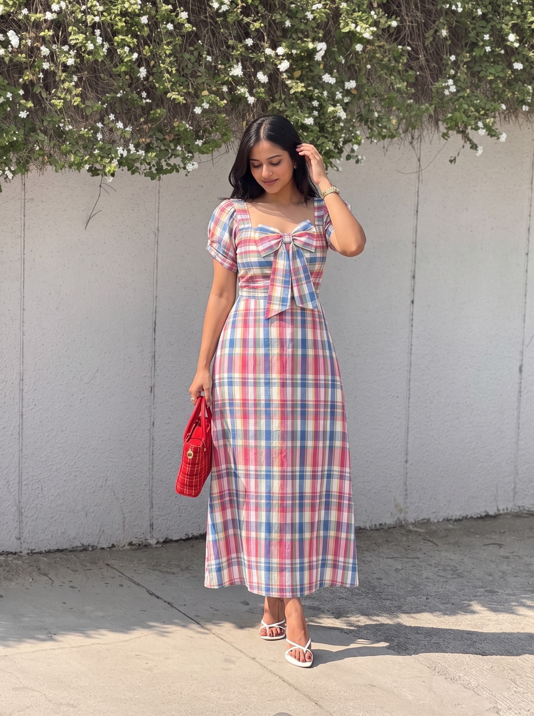Multicolour Plaid Bow Detail Maxi Dress