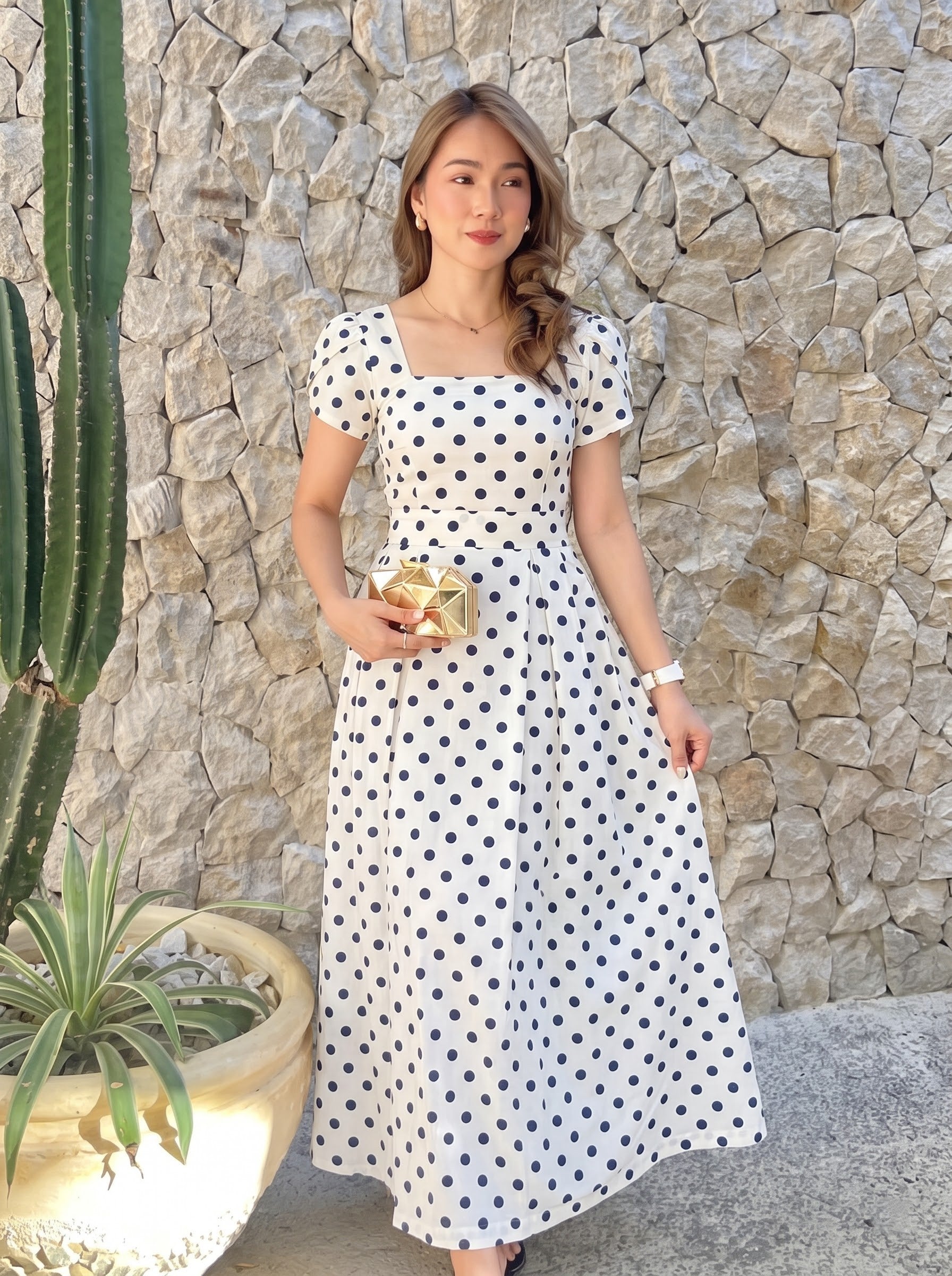 Classic Polka Dot Square Neck Dress