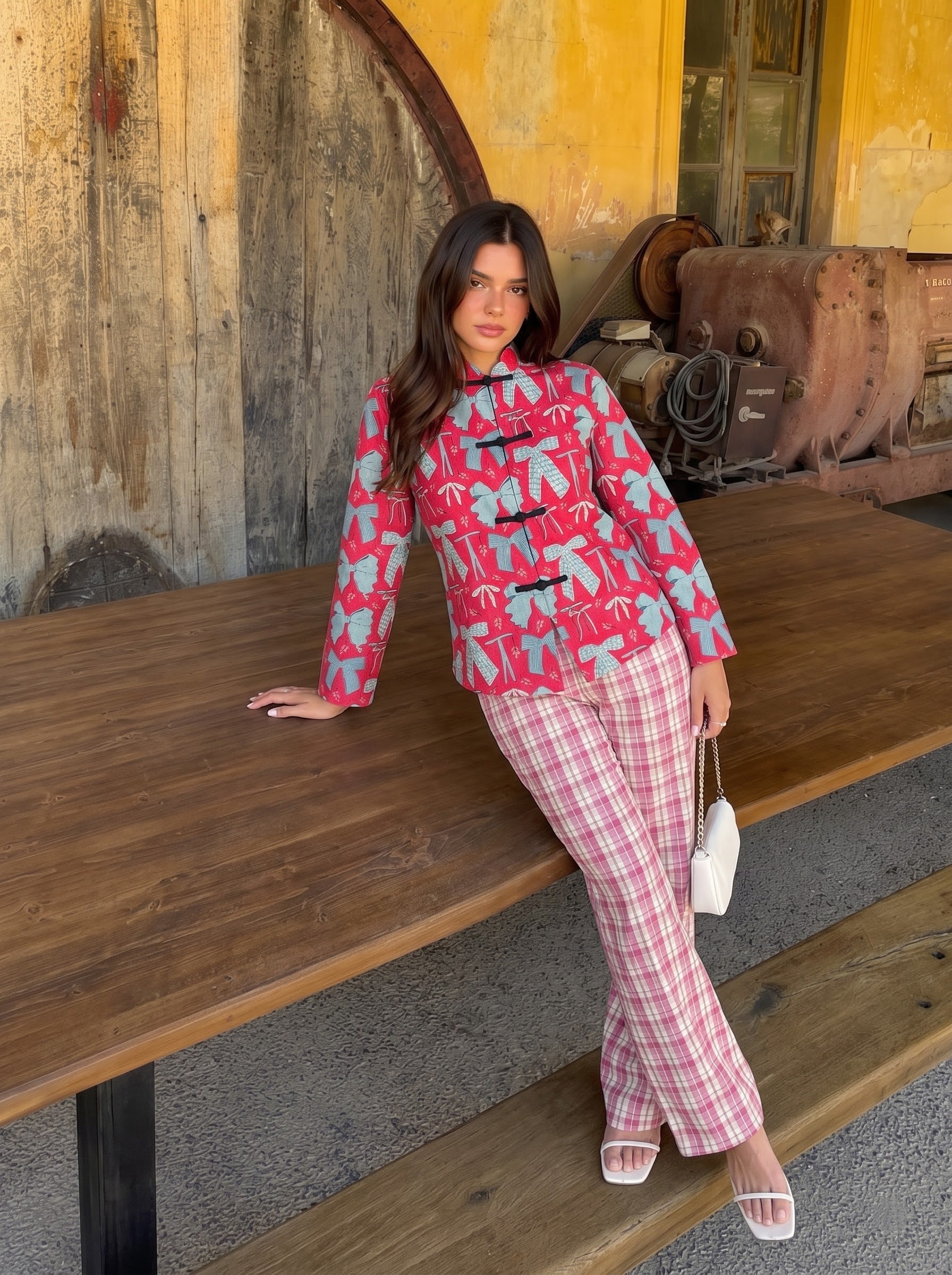 Ribbon Printed Mandarin Collar Co-ord Set
