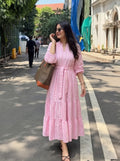 Pink Striped Heart Tiered Maxi Dress