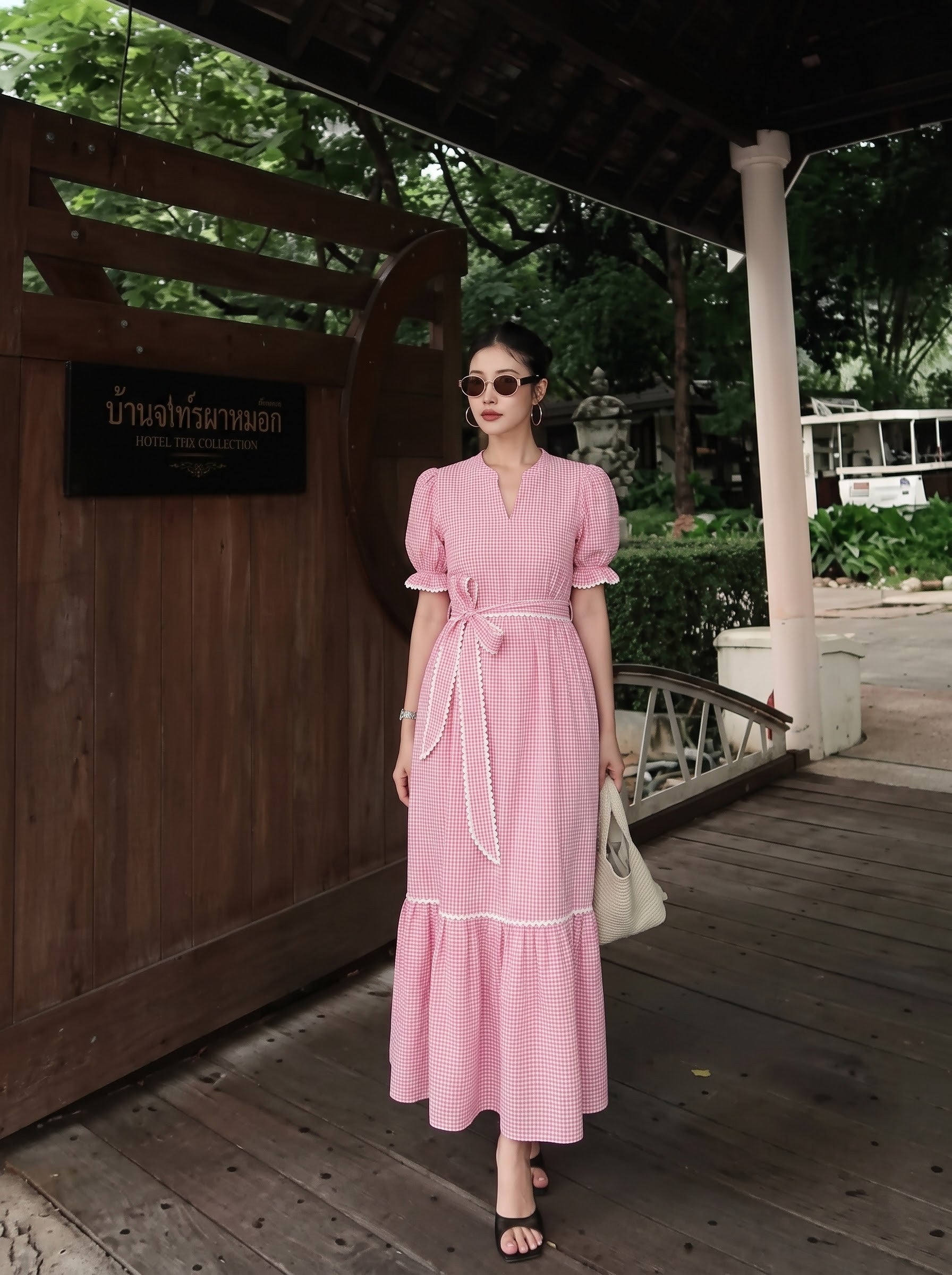 Pink Checkered Lace Maxi Dress
